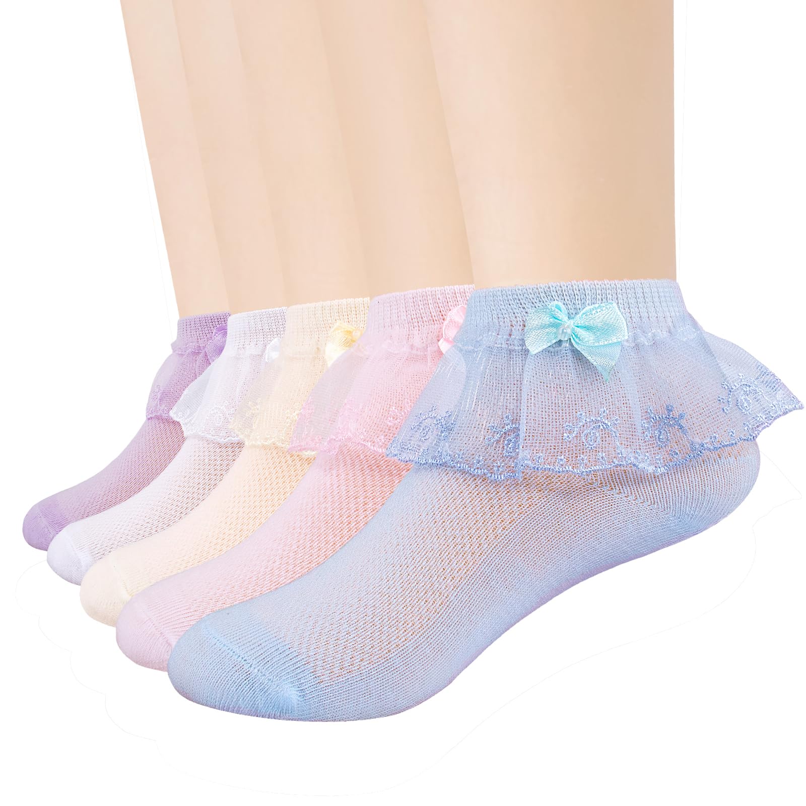 Looching Baby Toddler Girls Lace Ruffle Socks with BowKnot Eyelet Mesh Frilly Top Princess Dress Ankle Socks 5 Pack