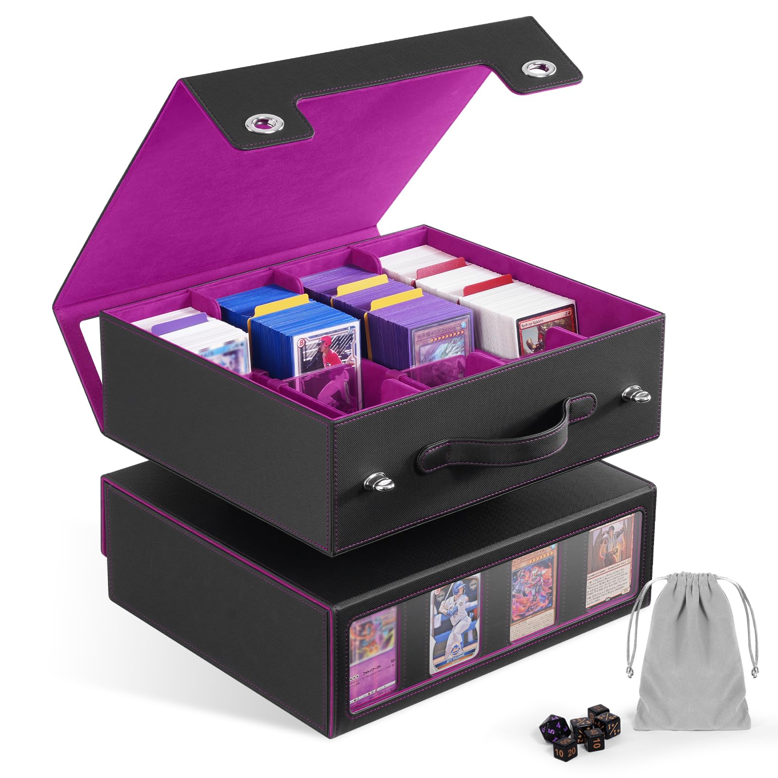 ZLCA MTG Storage Box 4-Row with Handle, MTG Deck Box Holds 3000+ Trading Cards with Portable Handle Dice Tray, Commander Storage Card Case for Toploader TCG PTCG Sport Card(Black&Purple)