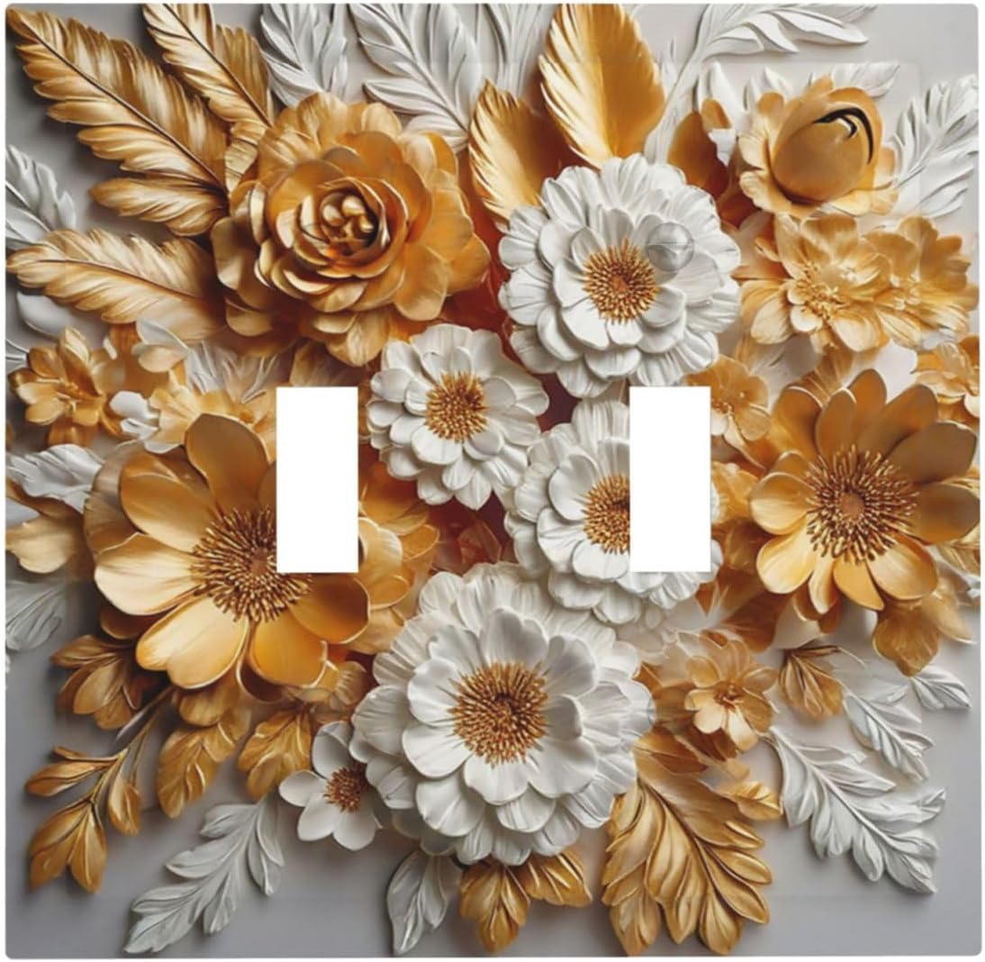 Tewujay Light Switch Cover Plate 3d White Gold Flowers Plant Leaf