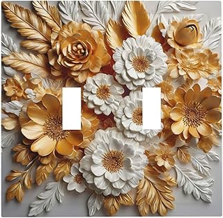 Tewujay Light Switch Cover Plate 3d White Gold Flowers Plant Leaf Floral 2 Gang Switch Plate Covers Decorative Double Toggle Wall Plates Electrical Faceplate for Bathroom Bedroom …