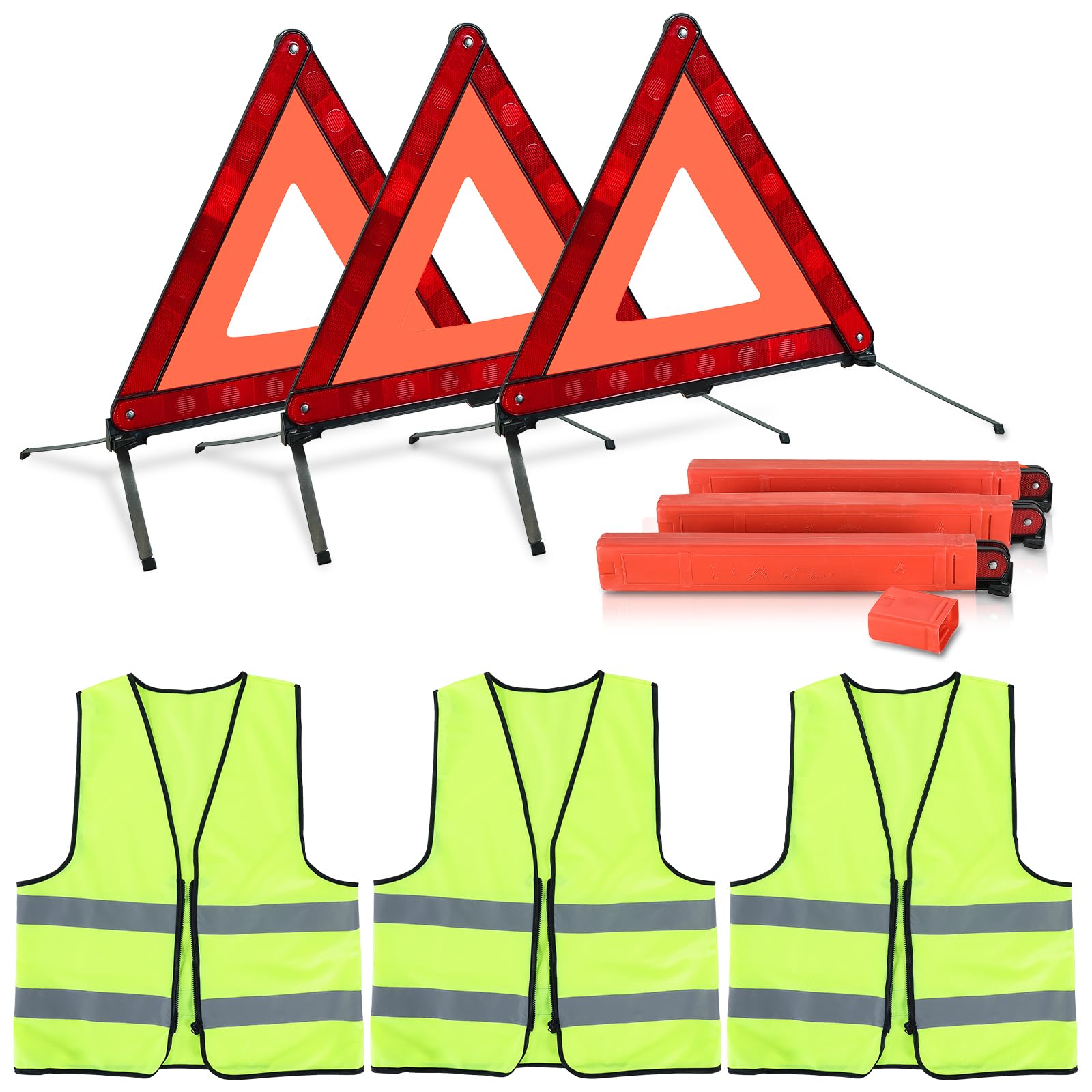 NATGAI 6 Pack Emergency Warning Kit 3 Triangles + 3 Vests with Storage Case