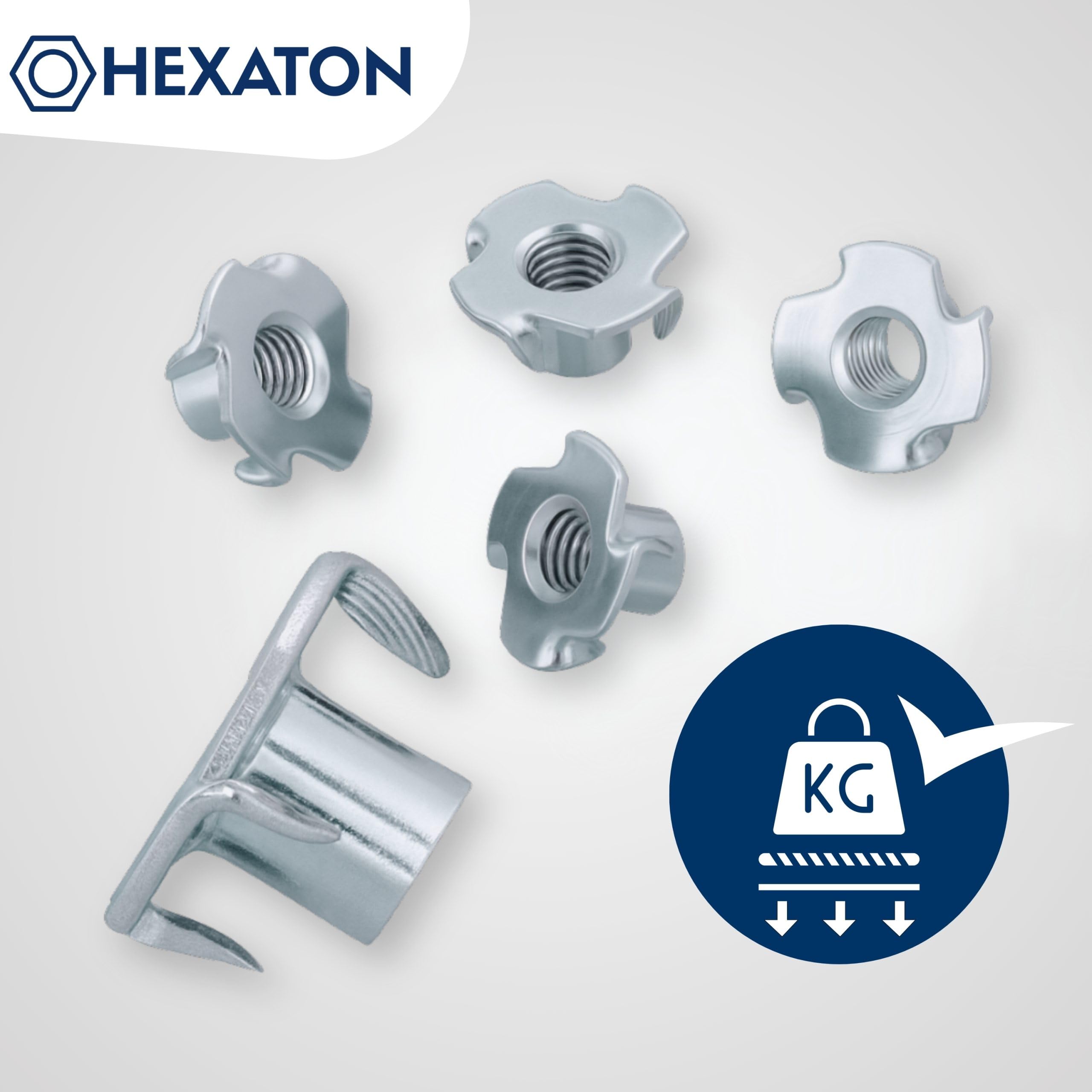 HEXATON Écrous à Griffes - M8 x 17 mm - Lot de 50 - Acier zingué - Écrous en T 4 Griffes Inserts pour Bois Assemblage de Meubles
