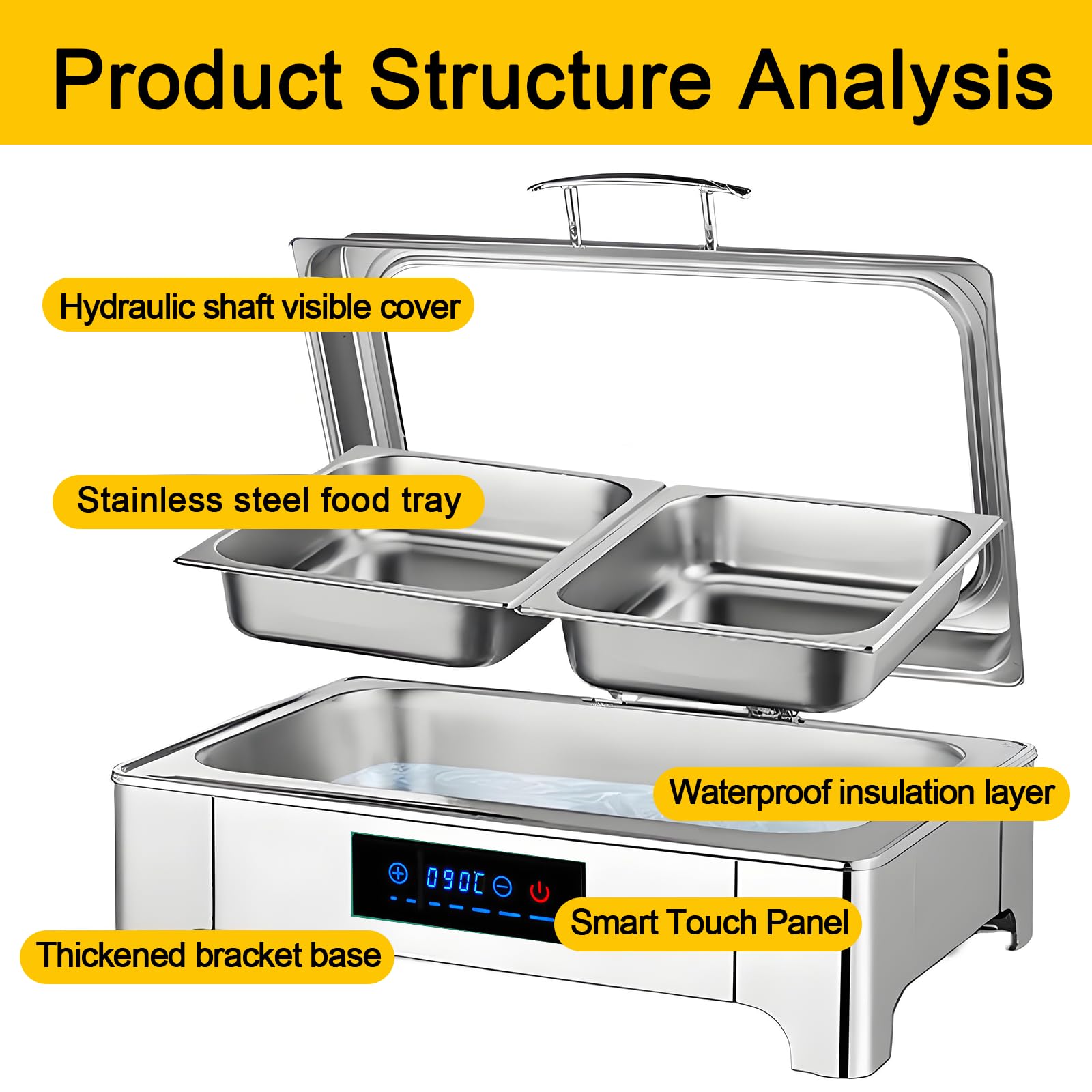 Chafing Dish Elettrico 9L, Professionale Scaldavivande Elettrico per Buffet Acciaio Inox, Contenitore Scalda Cibo Temperatura Regolabile con Coperchio in Vetro per Catering, Hotel(1/3 Pan)
