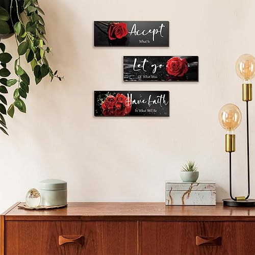 Miniatura 4 de 3 piezas de flores rojas inspiradoras de madera, decoración de pared de rosas rojas, decoración de pared de oficina con citas positivas de aceptar