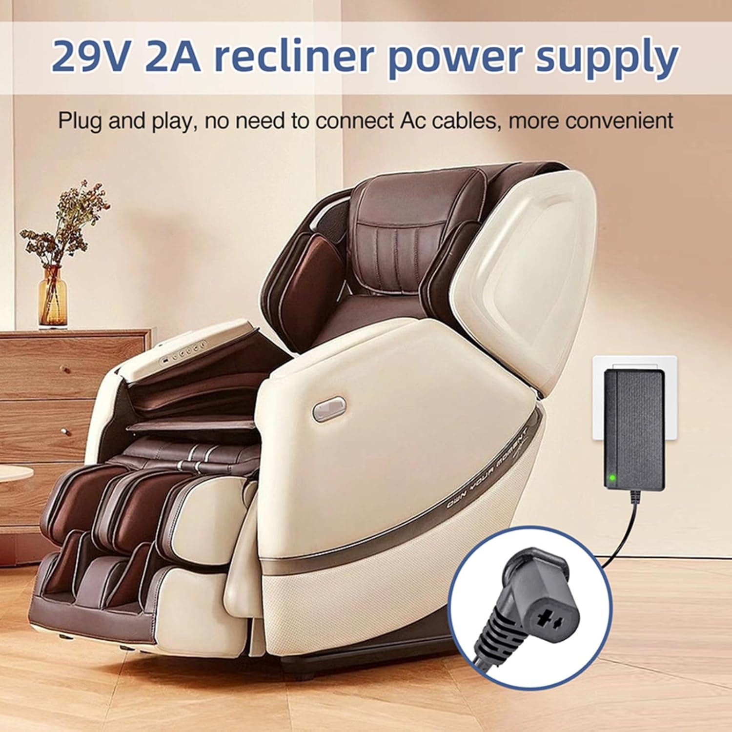 Wall Plug-in Recliner Power Supply, 29V 2A AC/DC Power Adapter for Limoss Okin Lift Chair Recliner Sofa, Compatible with Models FS2900-2000 ZB-H290020A-C ZBPOWER