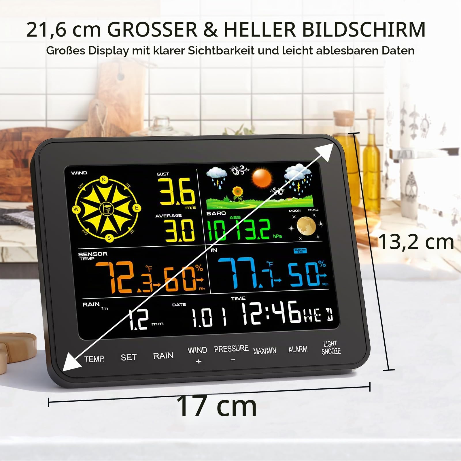 12-in-1 Wetterstation Funk mit Außensensor, Windmesser, Regenmesser, Barometer, Innen-/Außentemperatur & Luftfeuchtigkeit, Wettervorhersage, Mondphase, Farbdisplay, große Reichweite