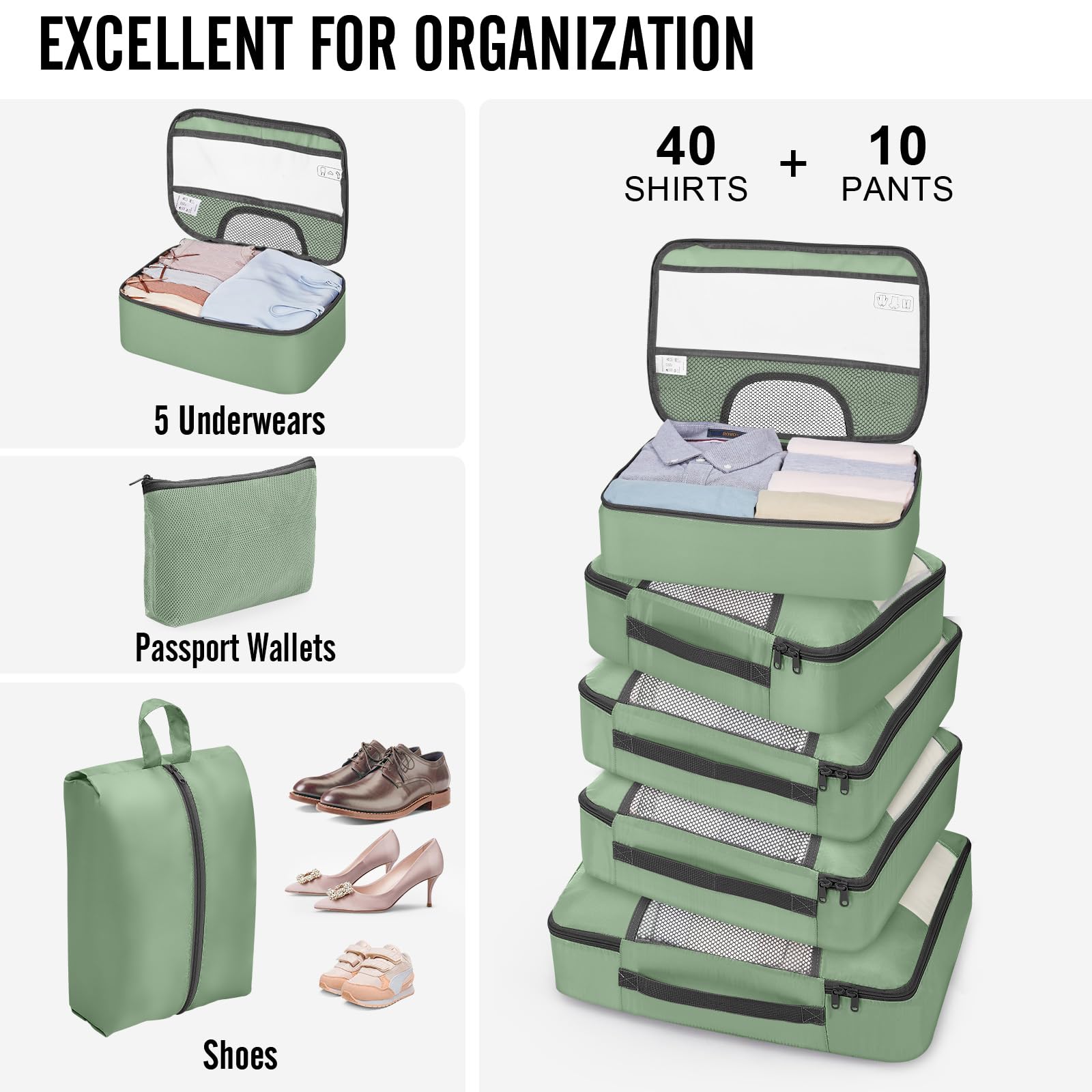 Veken 10 Set Packing Cubes for Travel Essentials,Anti-Wrinkle Buckled Suitcase Organizer for Shoe & Toiletry Bag,Carry On Luggage Bag with 99+ Count Mesh Holes for Airplane & College Dorm Accessories view 6