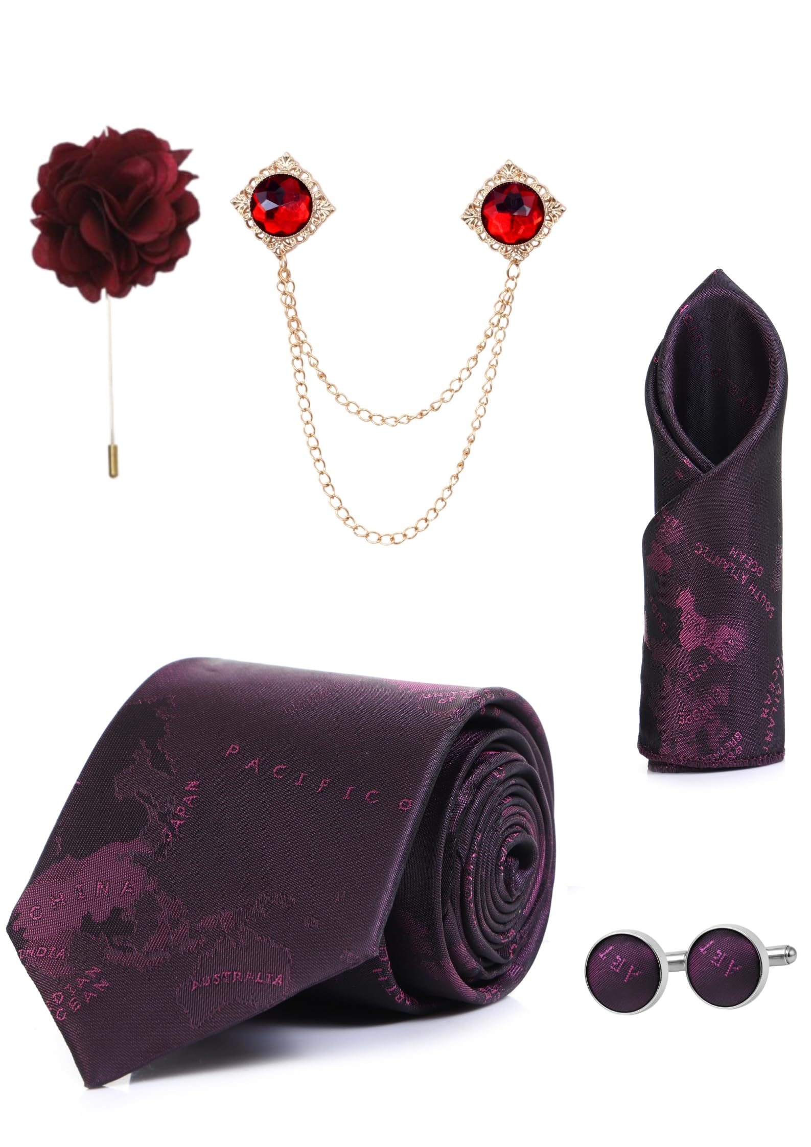 random stripe Premium Men's Maroon Tie Combo Set | Necktie, Pocket Square, Brooch, Lapel Pin & Cufflinks Gift Set for Men | Wedding & Formal Wear Accessories (12 Colors Available)-picture-29
