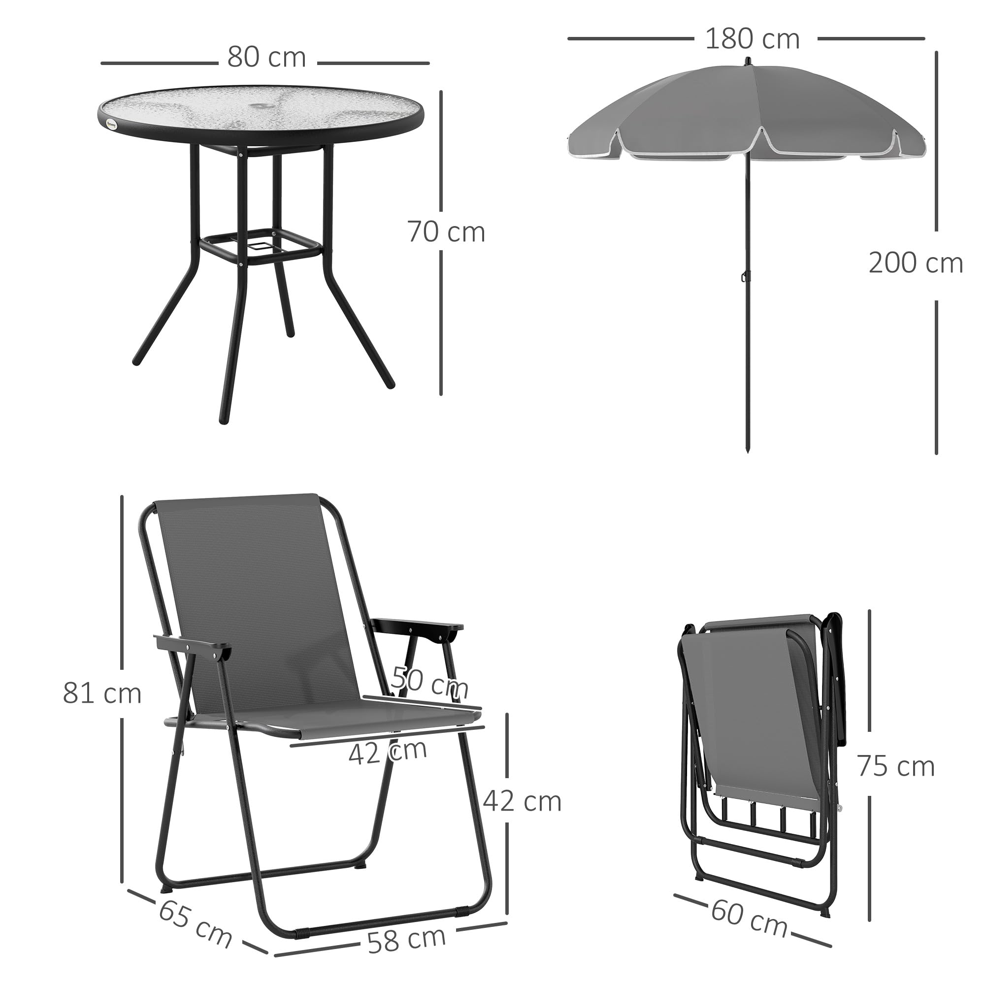 Outsunny zestaw 6-częściowy mebli ogrodowych: 4 krzesła składane, stół szklany, parasol, patio, taras, szary