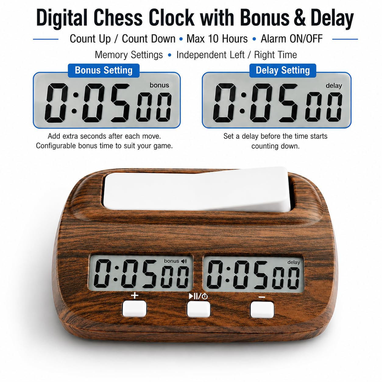 LEAP Orologio per scacchi, timer per scacchi digitale con ritardo e bonus, professionale per giochi tavolo, timer, venature del legno