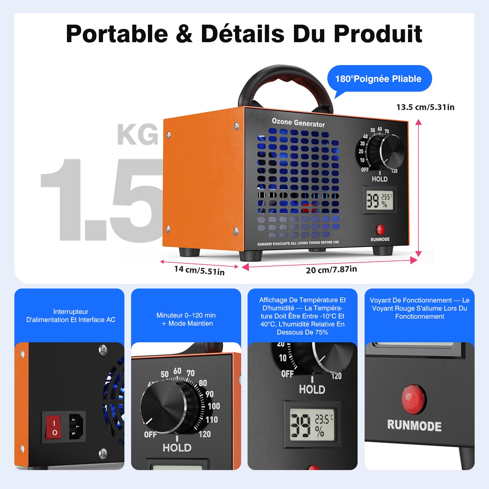 Générateur d'ozone 160 000 mg/g - Purificateur d'air 2 en 1, appareil à ozone avec indicateur de température et d'humidité, minuterie de 120 minutes, ozoniseur industriel O3 pour voiture, appartement