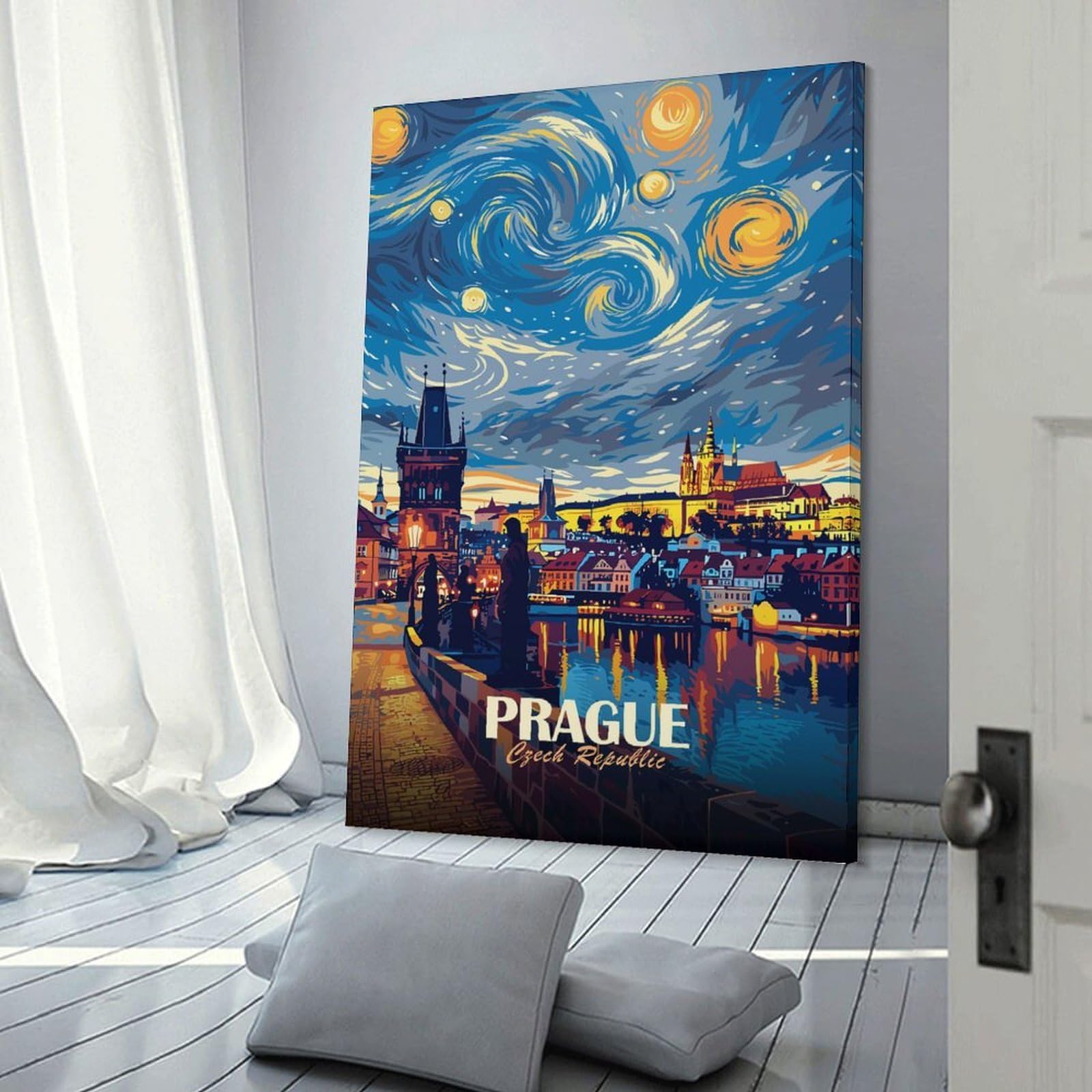 Junmoney Decorative Wall Artwork Prague Czech Republic Starry Night Art, 12x18inch(30x45cm), for Home, Office, Studio Or Guest Room, A Flexible Wall Accent for Shared Spaces