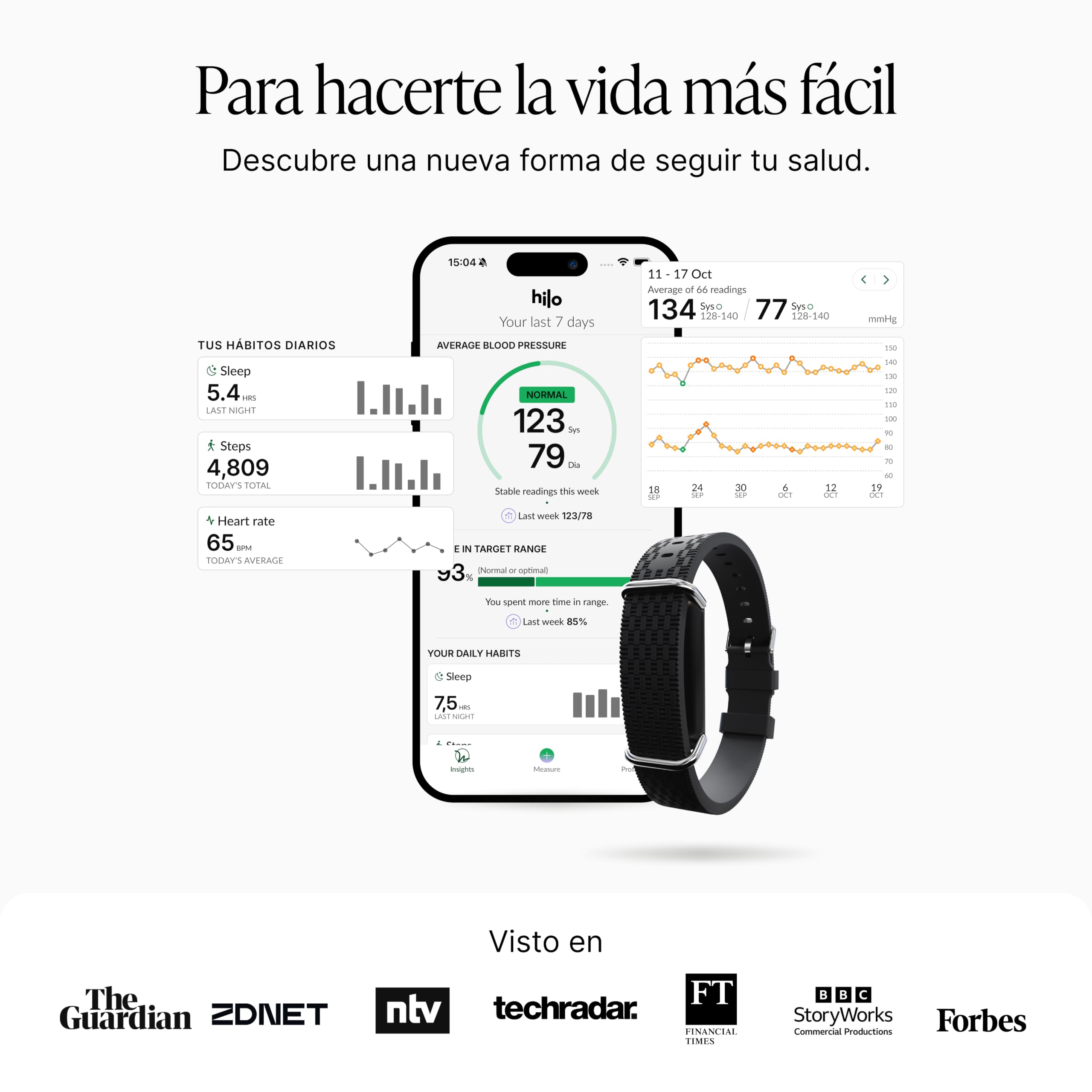 Hilo Pulsera Tensiómetro Inteligente 24/7 | Dispositivo Médico Validado Clínicamente Sin Manguito | Seguimiento Sueño, Frec. Cardíaca & Pasos | IP68 Batería 15 Días | Suscripción 12 Meses Incluida