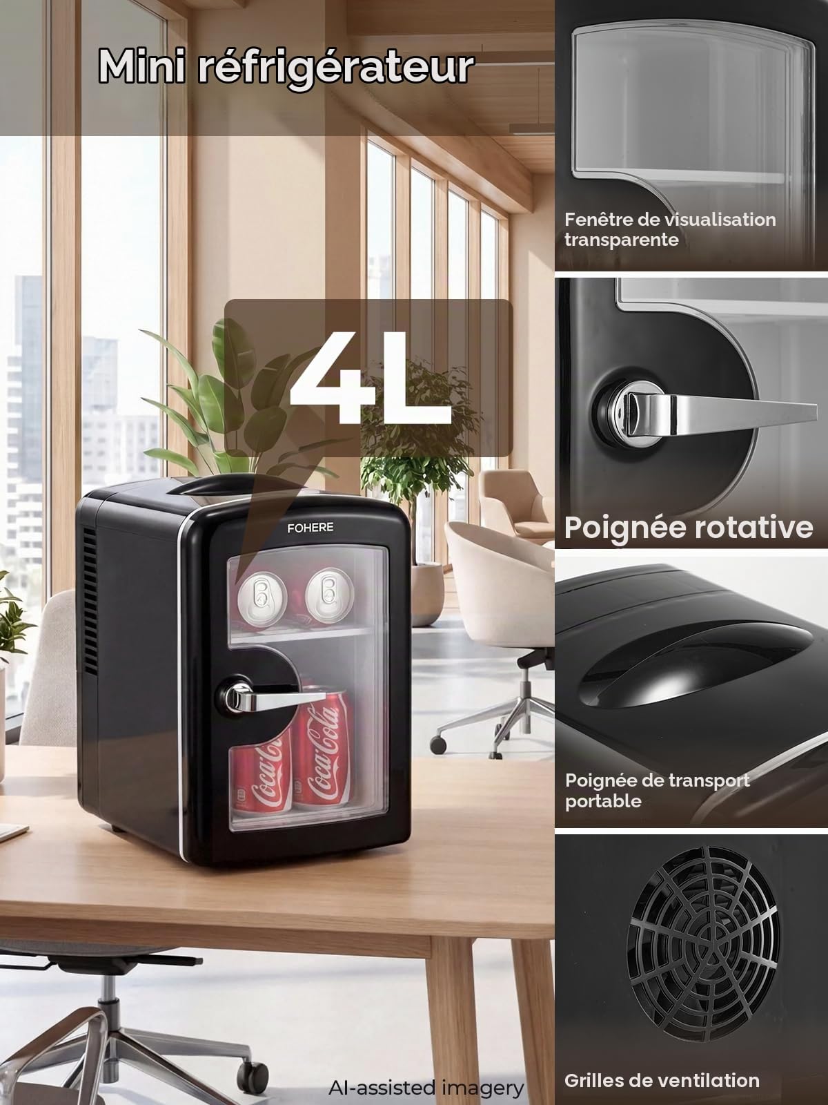FOHERE Mini Frigo de Chambre Capacité de 4L, 6 Canettes 355ml, Réfrigérateur Voiture 12V 220V Silencieux Petit Frigo Cosmetique, Fonction Chaud/Froid, pour Domestique Voiture, Noir