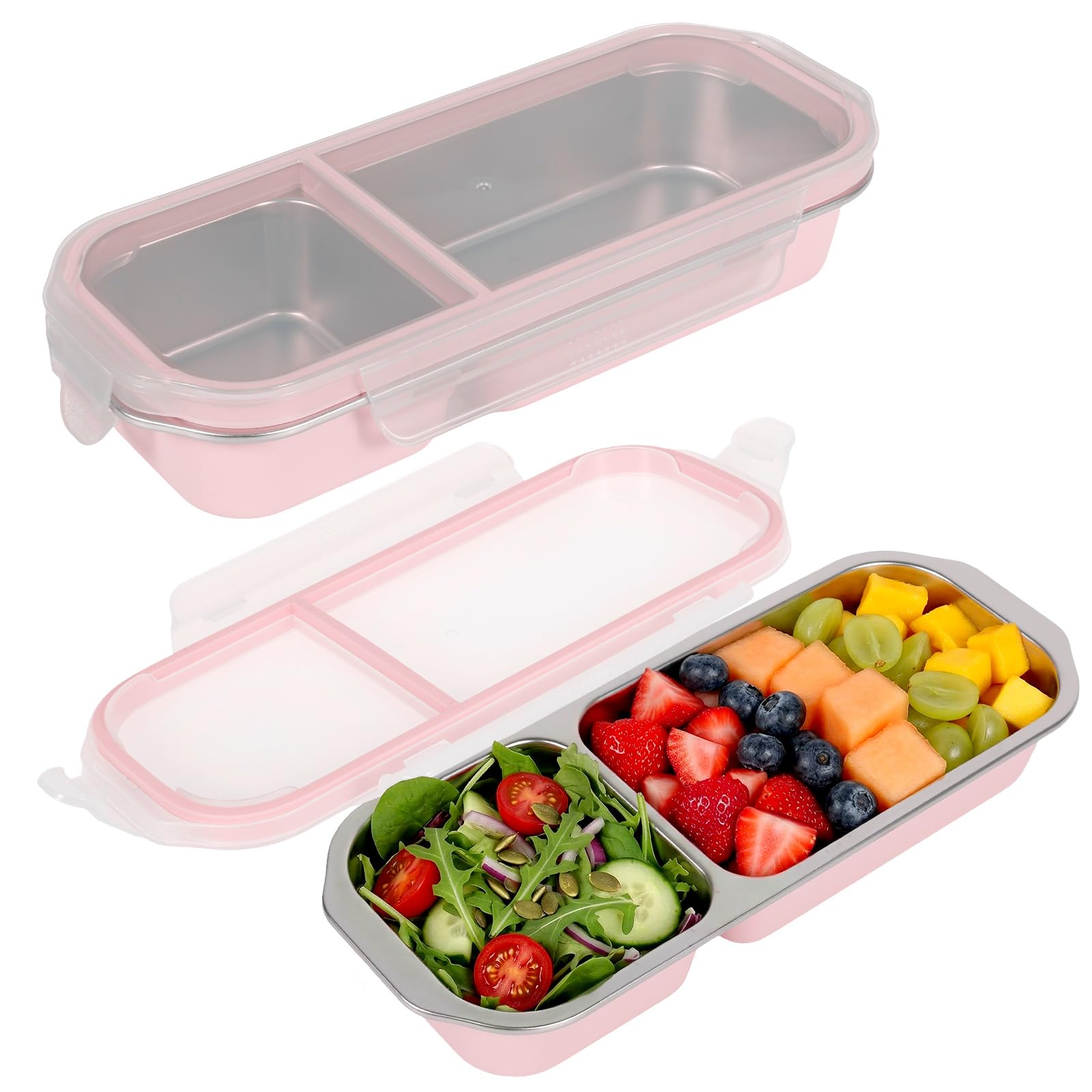 WAMEITF 2 Pack Stainless Steel Snack Container Leakproof Snack Box with Lid, 27x11x5cm Travel Stackable Reusable Food Container, Divided Meal Prep Containers Lunch Box for Travel Office(Pink-2grids)