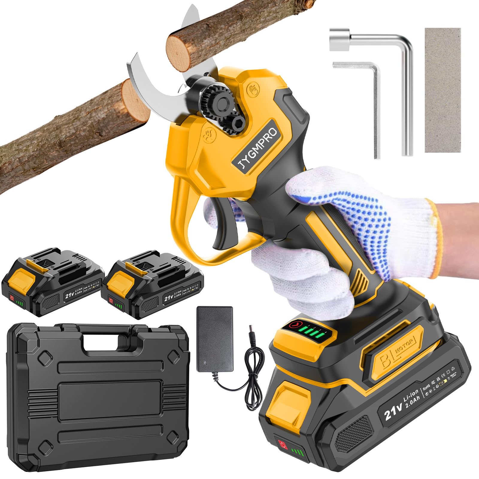 Tijeras de Podar Electricas - 21V Podadoras Profesionales con 2x 2000mAh Baterías, Motor Sin Escobillas de 600W, 30mm, Con Pantalla Lcd, Adecuado Para Huertos, Jardines y Granjas