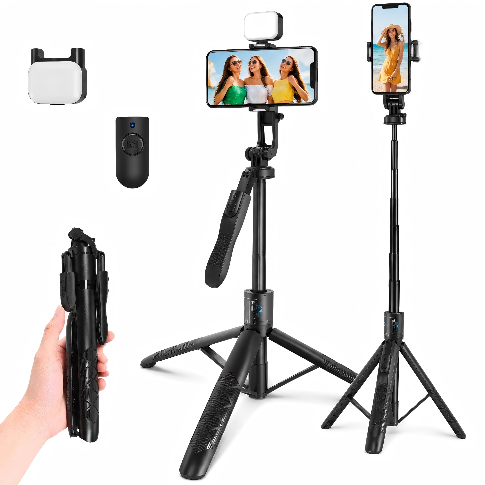 Trépied Perche à Selfie avec Lumière, Trépied de Téléphone Portable Rotatif à 360° avec Télécommande BT5.0 Amovible, de Téléphone Extensible en Aluminium 157 Cm/62