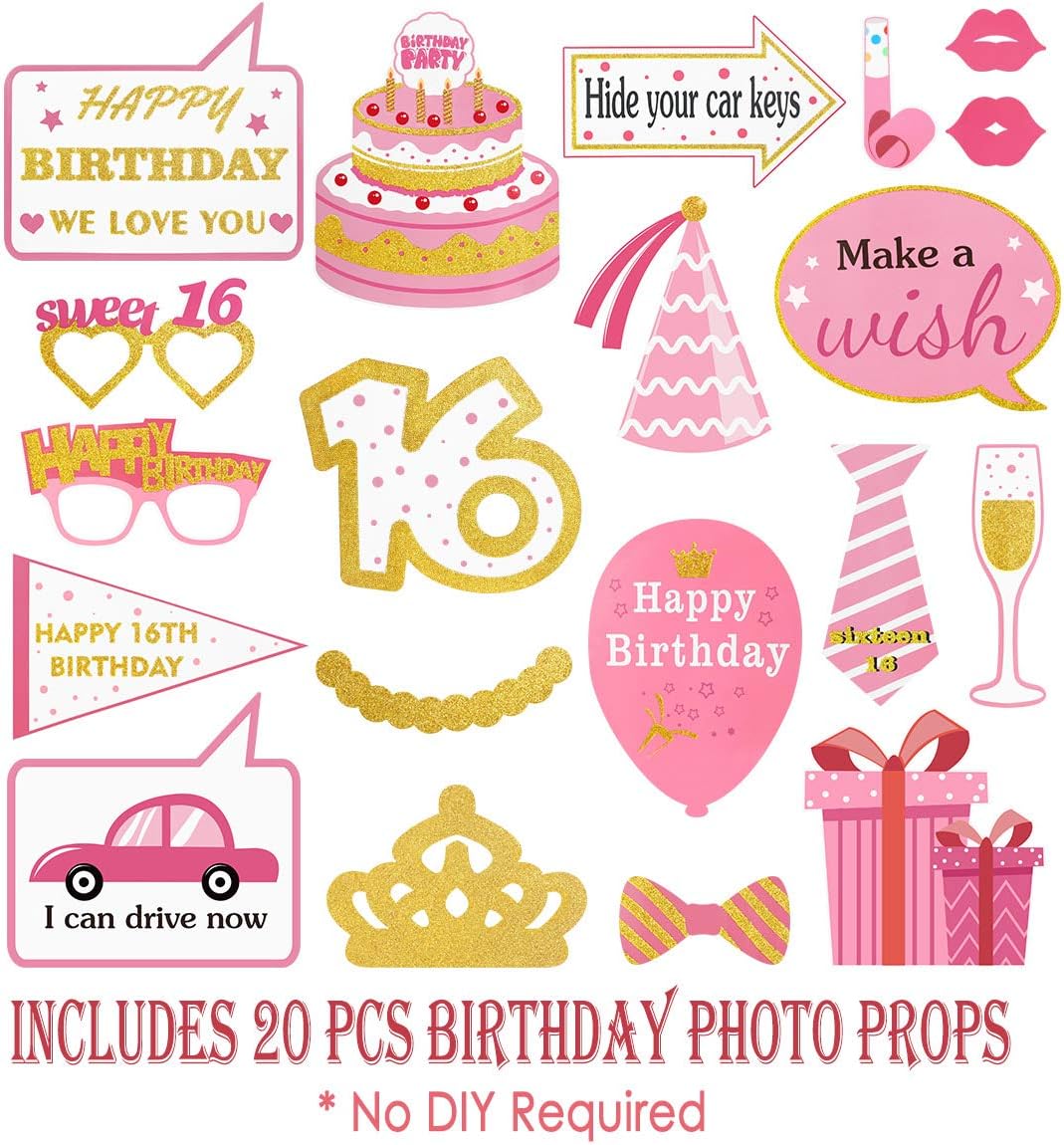 Happy Birthday Props for 16th Birthday Party Photo Booth Props Glitter 16th Birthday Party Supplies Girl Birthday Supplies, 20 Pieces - Image 3