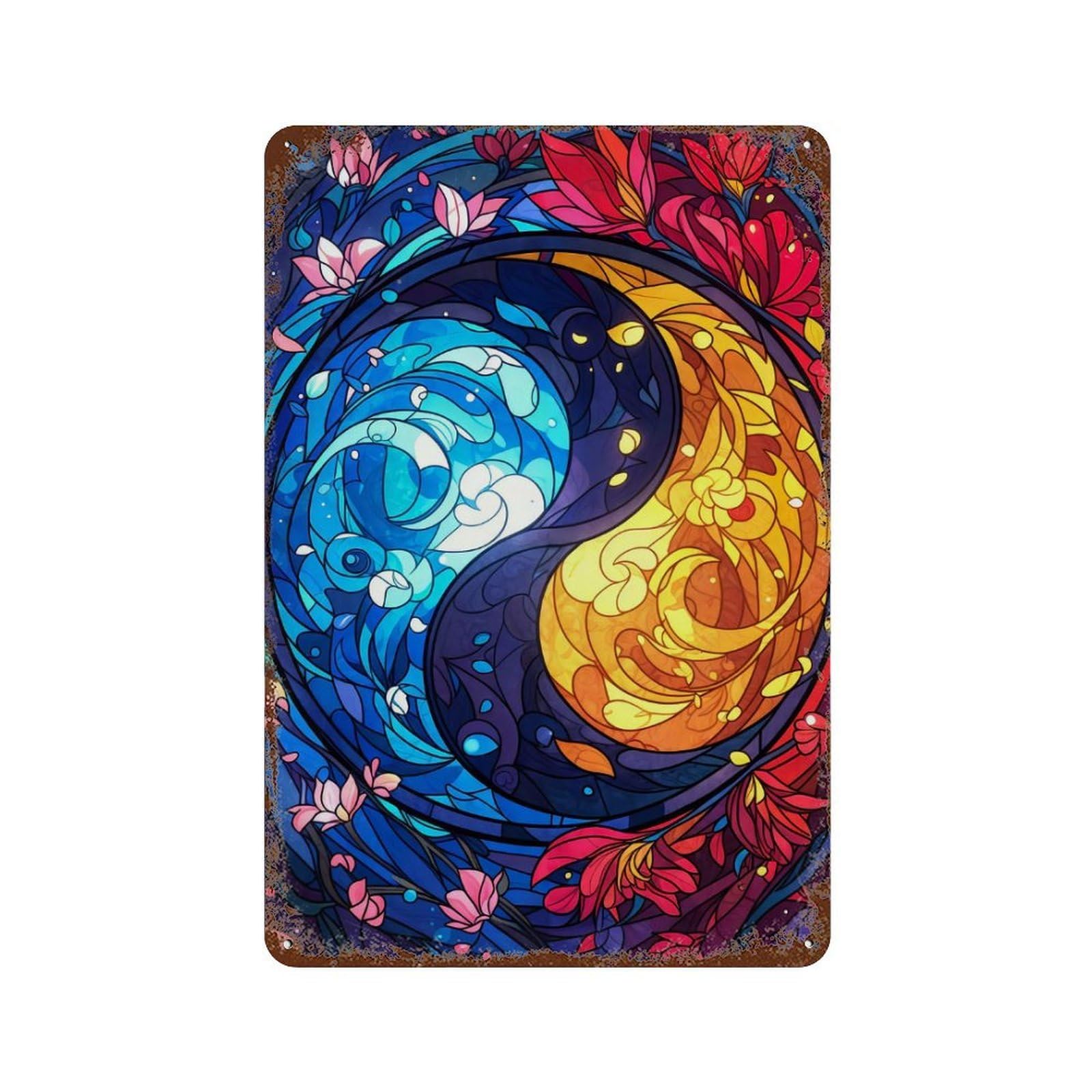 Rustic Tin Plaque with Ying Yang Stained Glass Design 11.8"x7.9", for Pub, Kitchen And Man Cave Decor, Old School Wall Decor