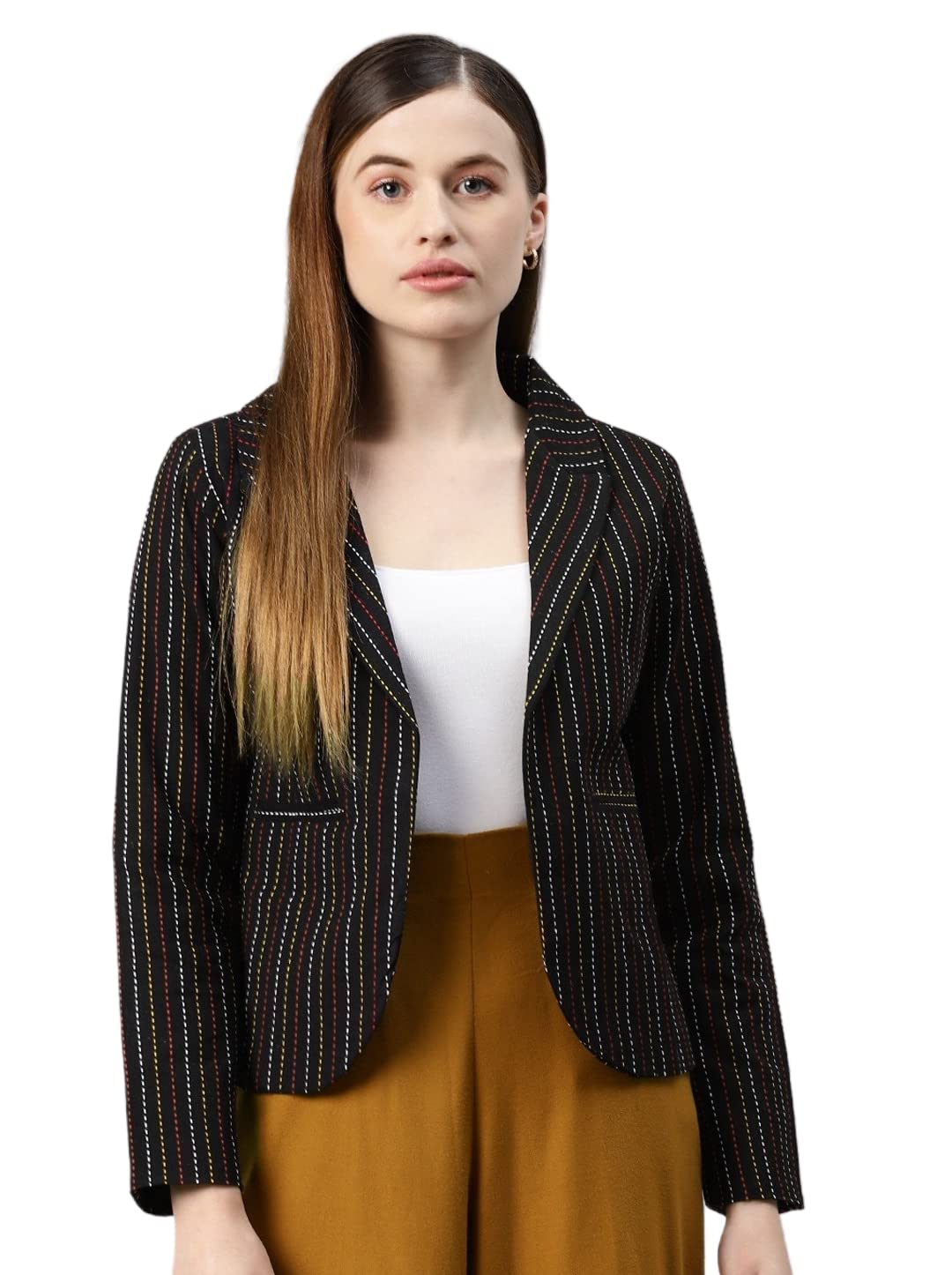 Women Black & Multi Coloured Striped Open Front Blazer-image-8