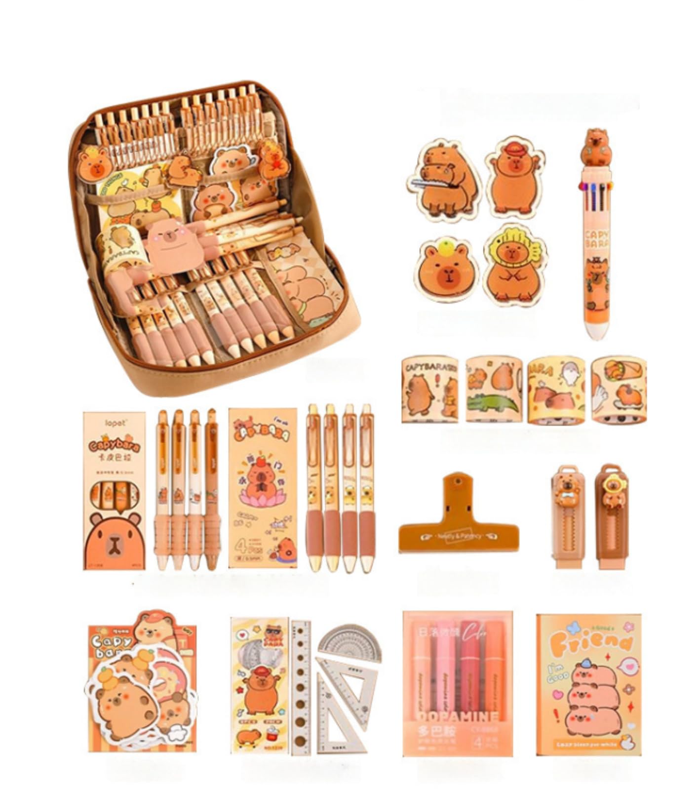 Hardware Tribe Capybara Large Capacity Stationery Set，Cute Capybara Student Pencil Case And Very Practical, Spacious With Distinct Compartments, The Stationery Set Is Comprehensive For Students' Daily Use.