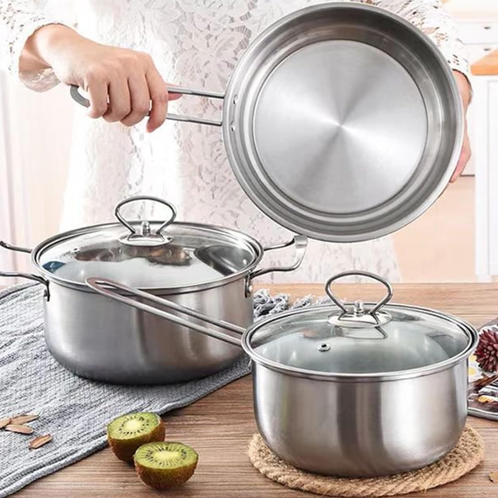 Set di Pentole in Acciaio Inossidabile Addensato per Domestica, Set di Pentole Antiaderenti, di Padelle per Zuppa di Pentola per Latte Equisite, per Appassionati di, 13 Pezzi