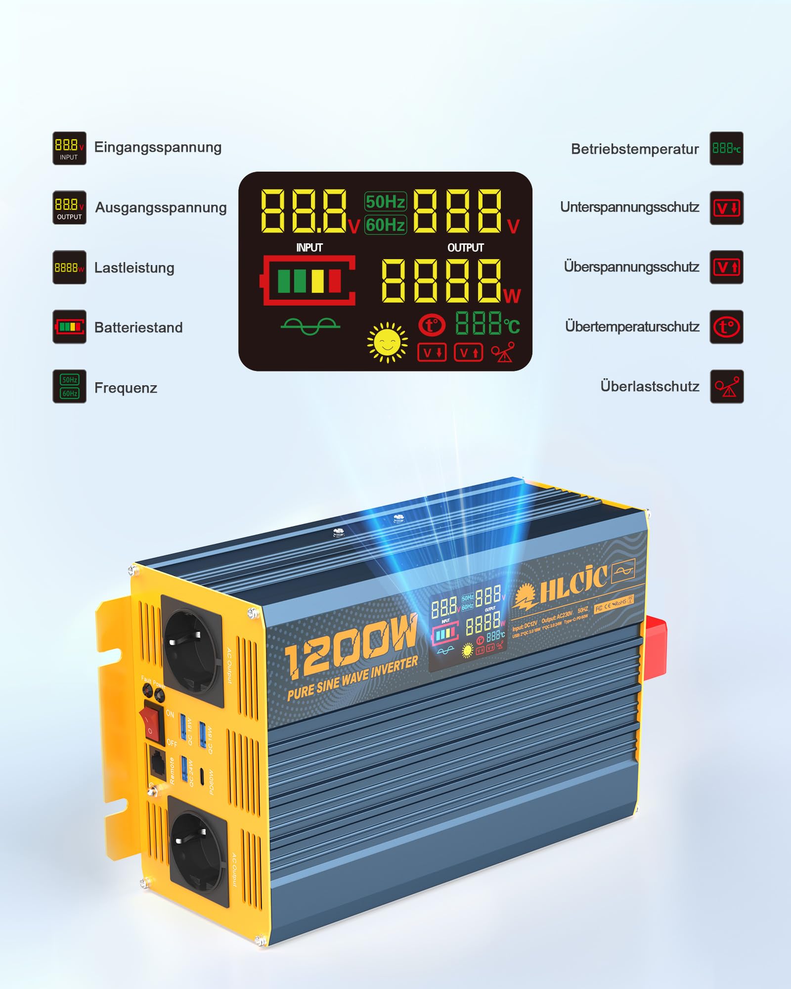 Spannungswandler 1200W/2400W Reiner Sinus- Wechselrichter 12V auf 230V
