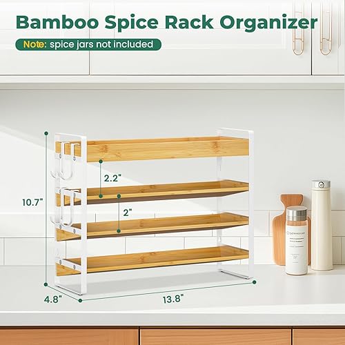Miniatura 3 de EsLuker.ly Organizador de condimentos para especias para encimera de cocina, 4 niveles de bambú para especias con 4 ganchos, soporte independiente