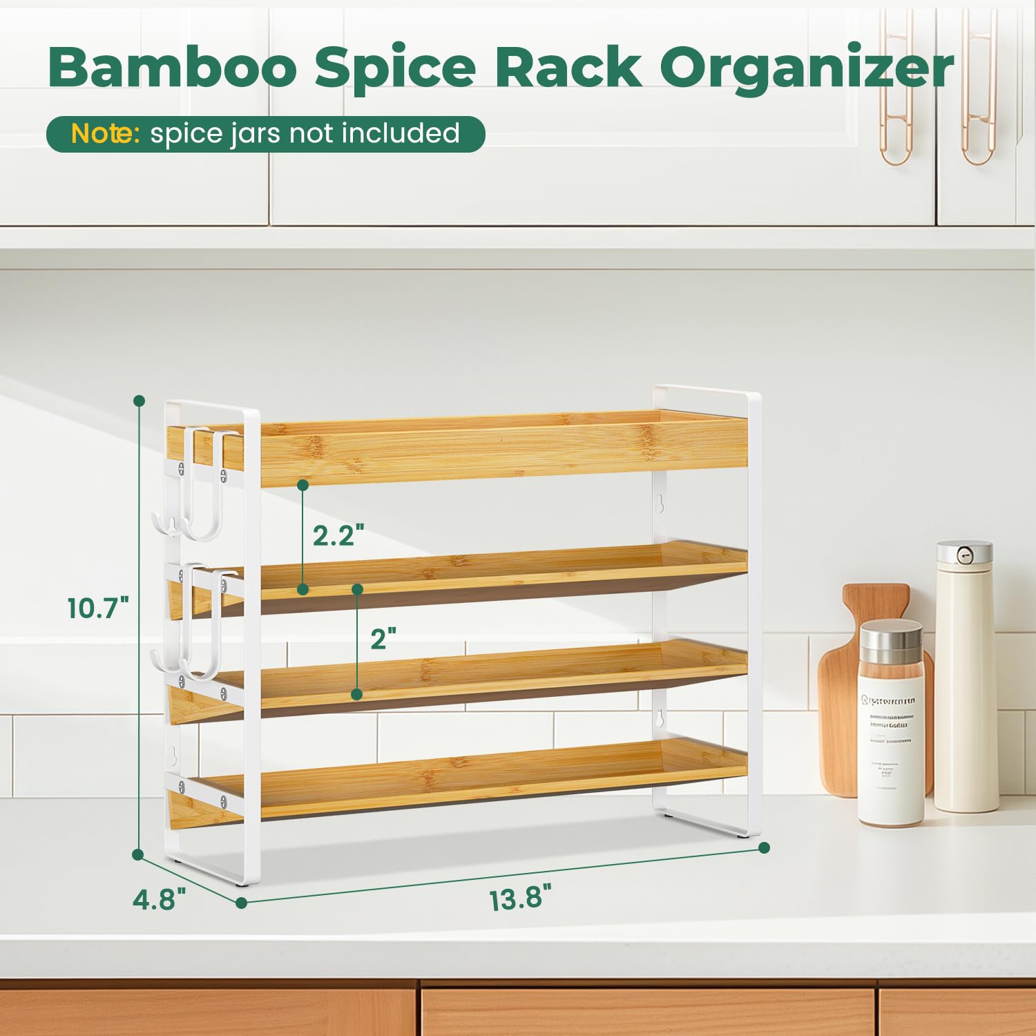 EsLuker.ly Étagère à épices pour comptoir de cuisine, étagère à épices en bambou à 4 niveaux avec 4 crochets, support mural autonome pour garde-manger, bambou + blanc (bocaux non inclus)