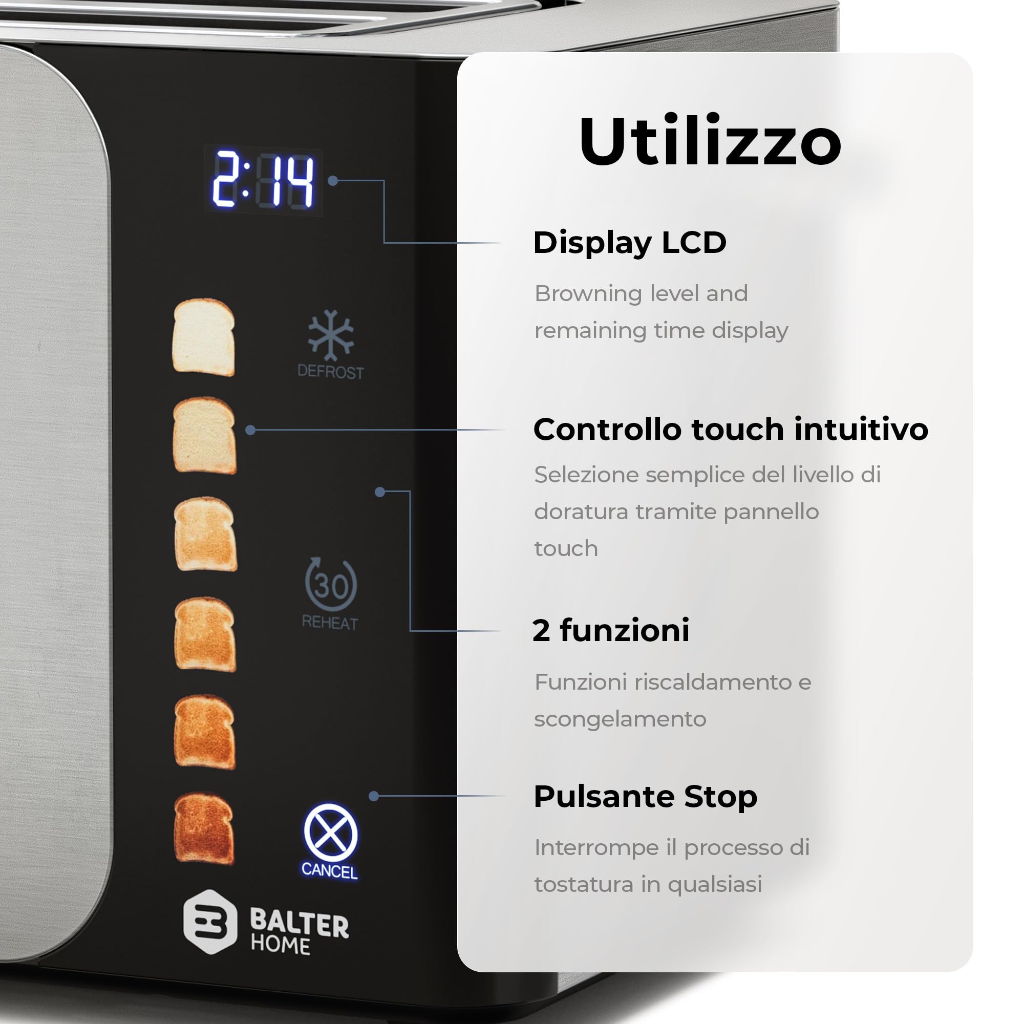 Balter Tostapane 4 fette, tostiera funzione touch, slot lungo, in acciaio inox, 1500W, toaster display LCD, tostapane a fessura lunga, funzione scongelamento, centraggio pane