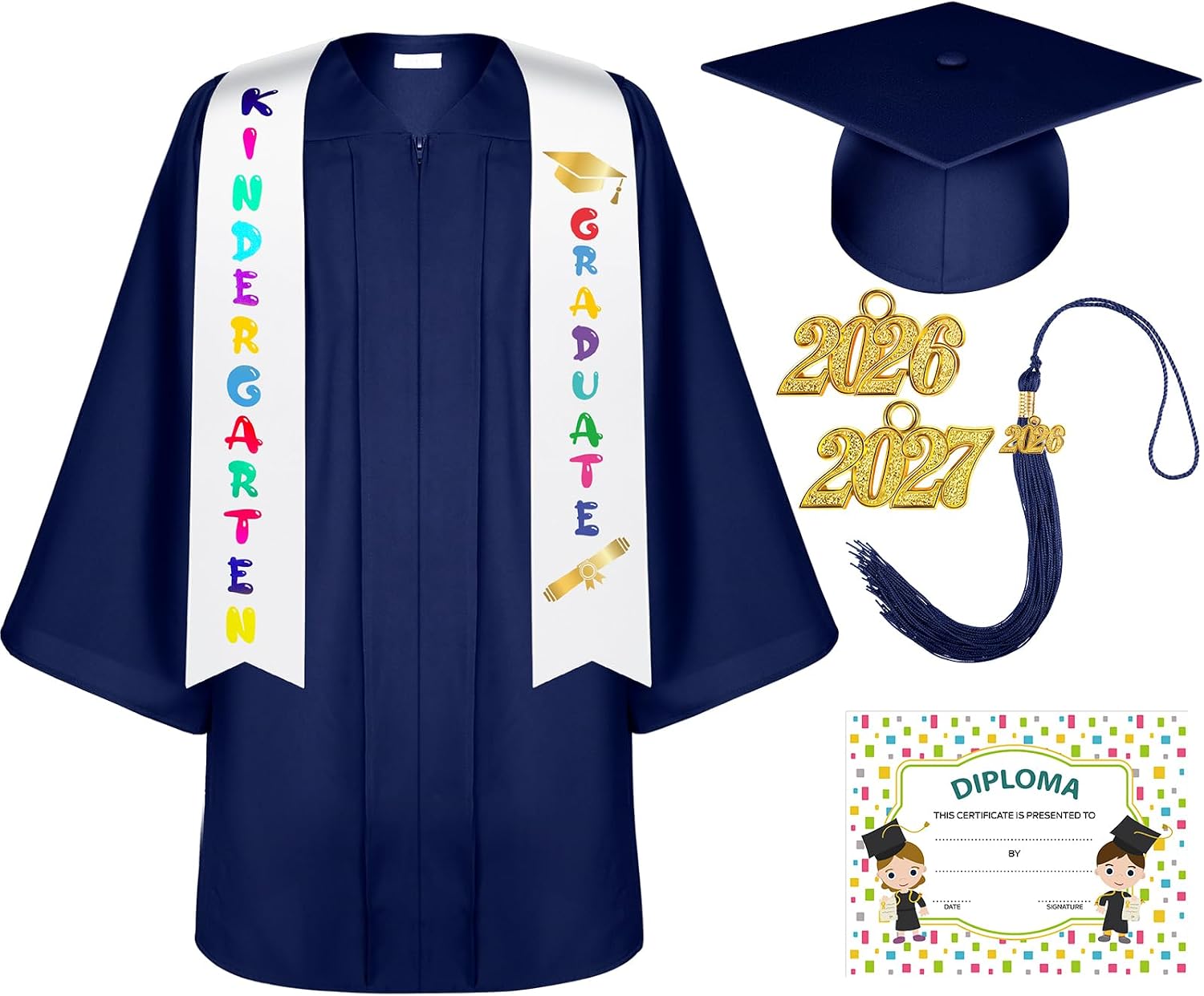 Lasnten Matte Kindergarten Graduation Gown Cap Tassel Set with 2026/2027 Charm Stole Accessories for Kids Grad Gift