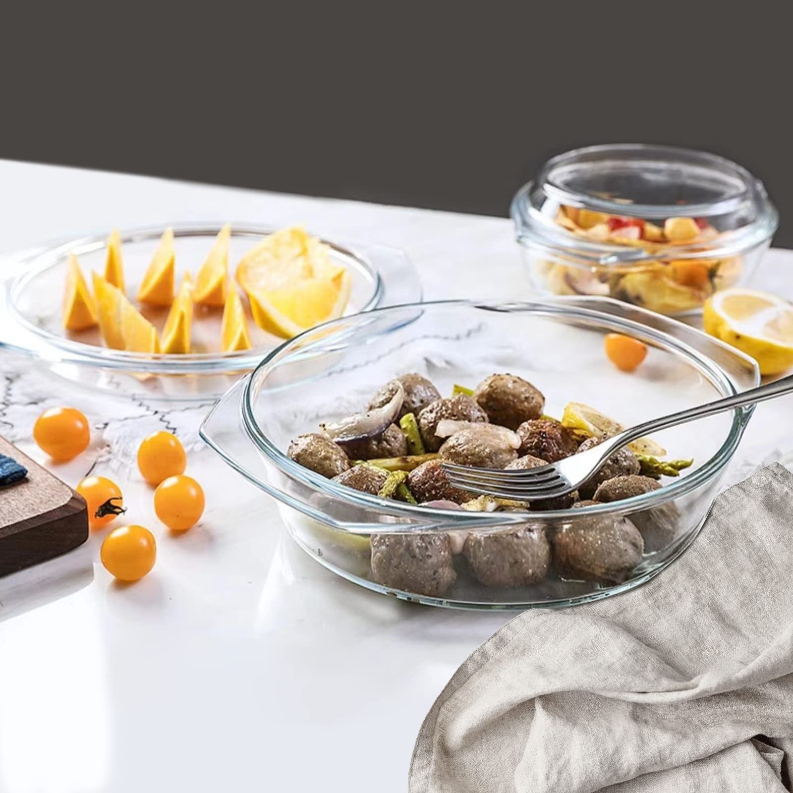 Set di 6 Pezzi Casseruola Tonda in Vetro Con Coperchio, 1L+1.5L+1.8L Temperato Teglia da Forno per Forno, Congelatore e Lavabile in Lavastoviglie