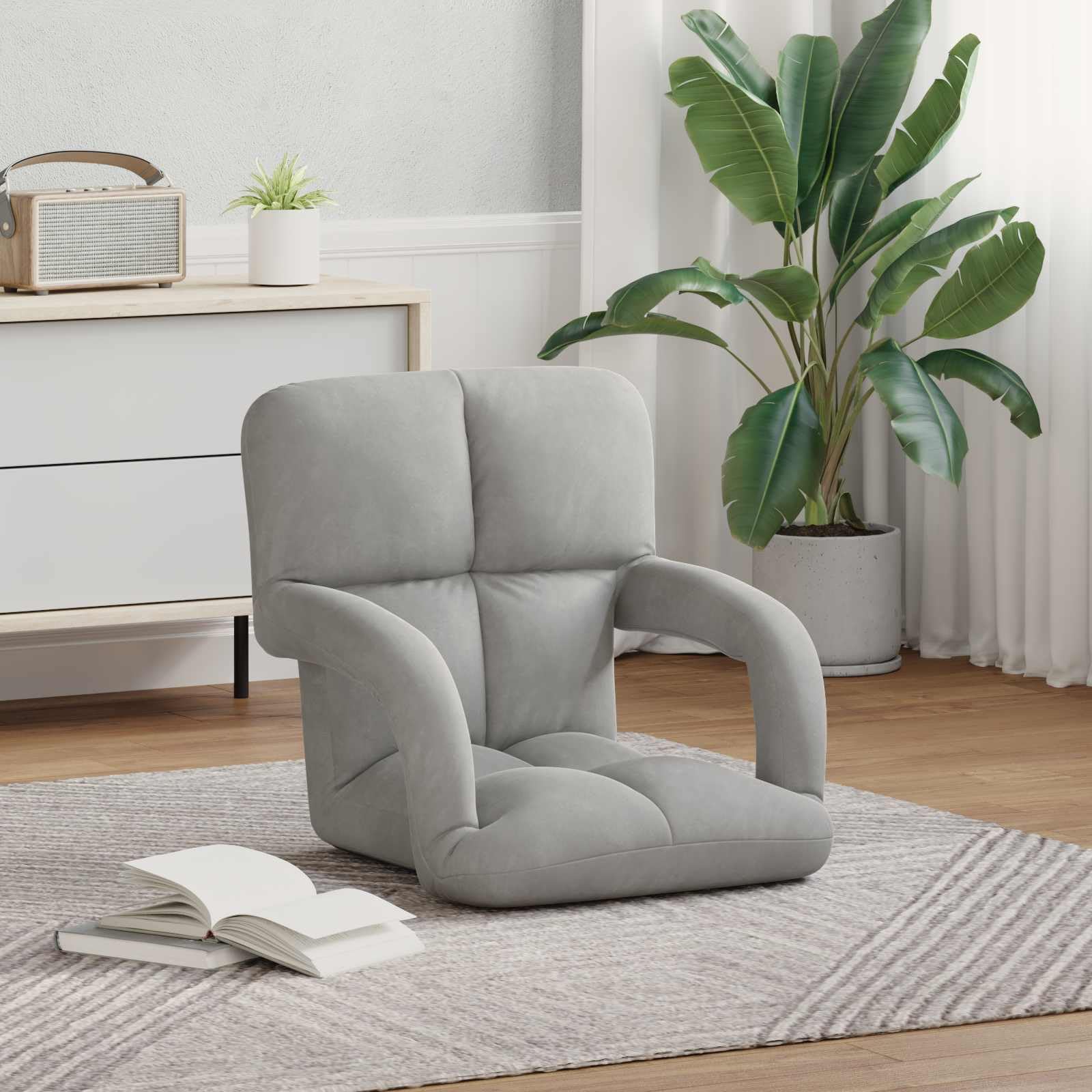 Krzesło podłogowe, jasnoszare, aksamitne, z regulowanym oparciem, 58 x 62 x 58 cm, tapicerowane i składane, ergonomiczny fotel podłogowy z podłokietnikami, do jogi, czytania, biura i gier