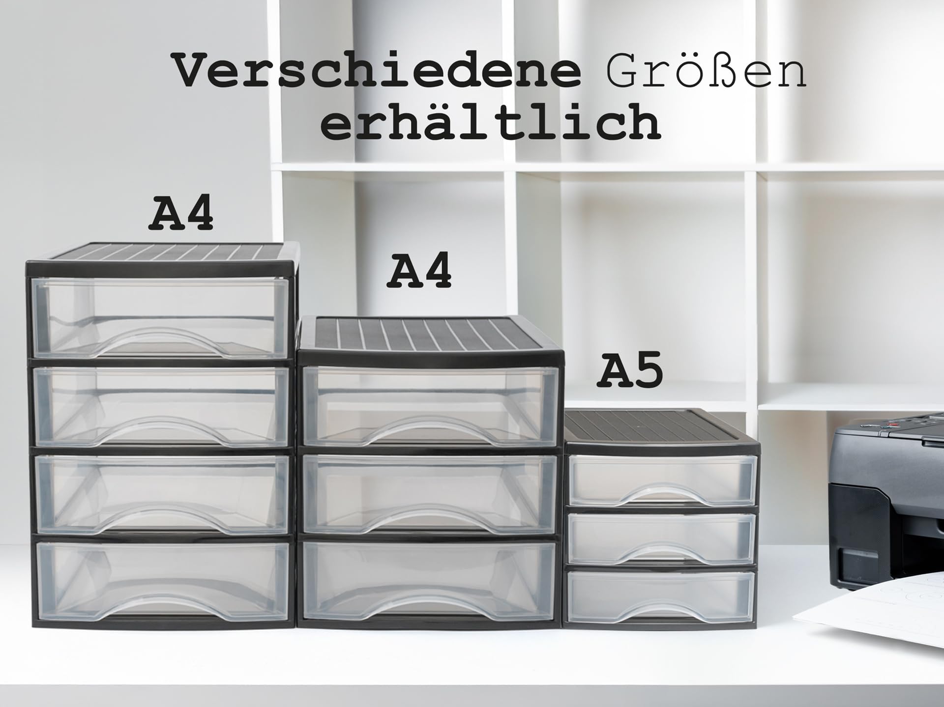 Hausfelder Schubladenbox A4, 3 Stück je 3 Schubladen, Schwarz Transparent | Set Schubladenboxen aus Kunststoff für Schreibtisch und Büro, stapelbar, DIN A4, inkl. Aufkleber