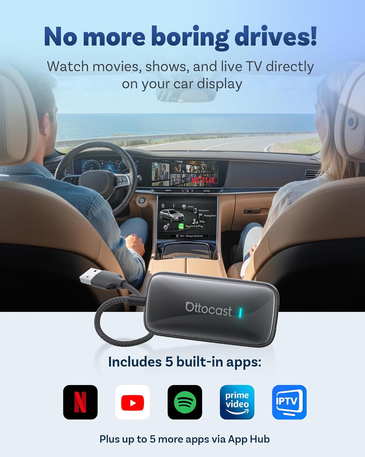 Car interior showing Netflix playing on the infotainment screen