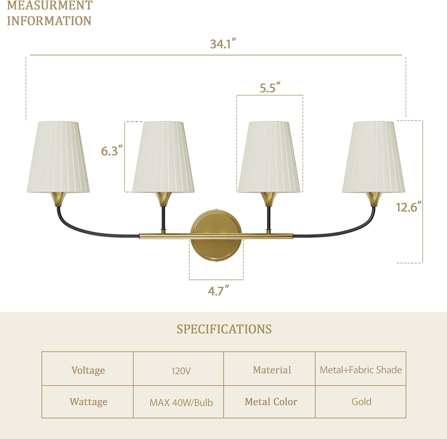 4-Light Bathroom Light Fixtures, Gold Bathroom Vanity Light Over Mirror, Modern Light Fixtures with Flared Fabric Shade for E26 Bulbs, Wall Sconce Light for Bedroom, Hallway with ETL