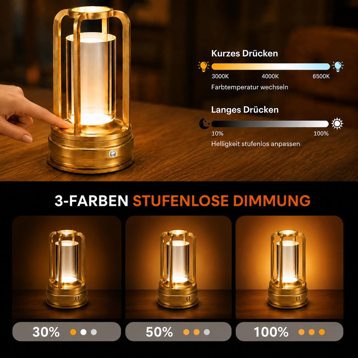 2er Set Tischlampe Kabellos mit Akku, LED Touch Lampe Dimmbar, USB-C Wiederaufladbar, 3 Farbtemperaturen, Aluminium Tischleuchte für Restaurant, Café, Hotel, Schlafzimmer, Gold