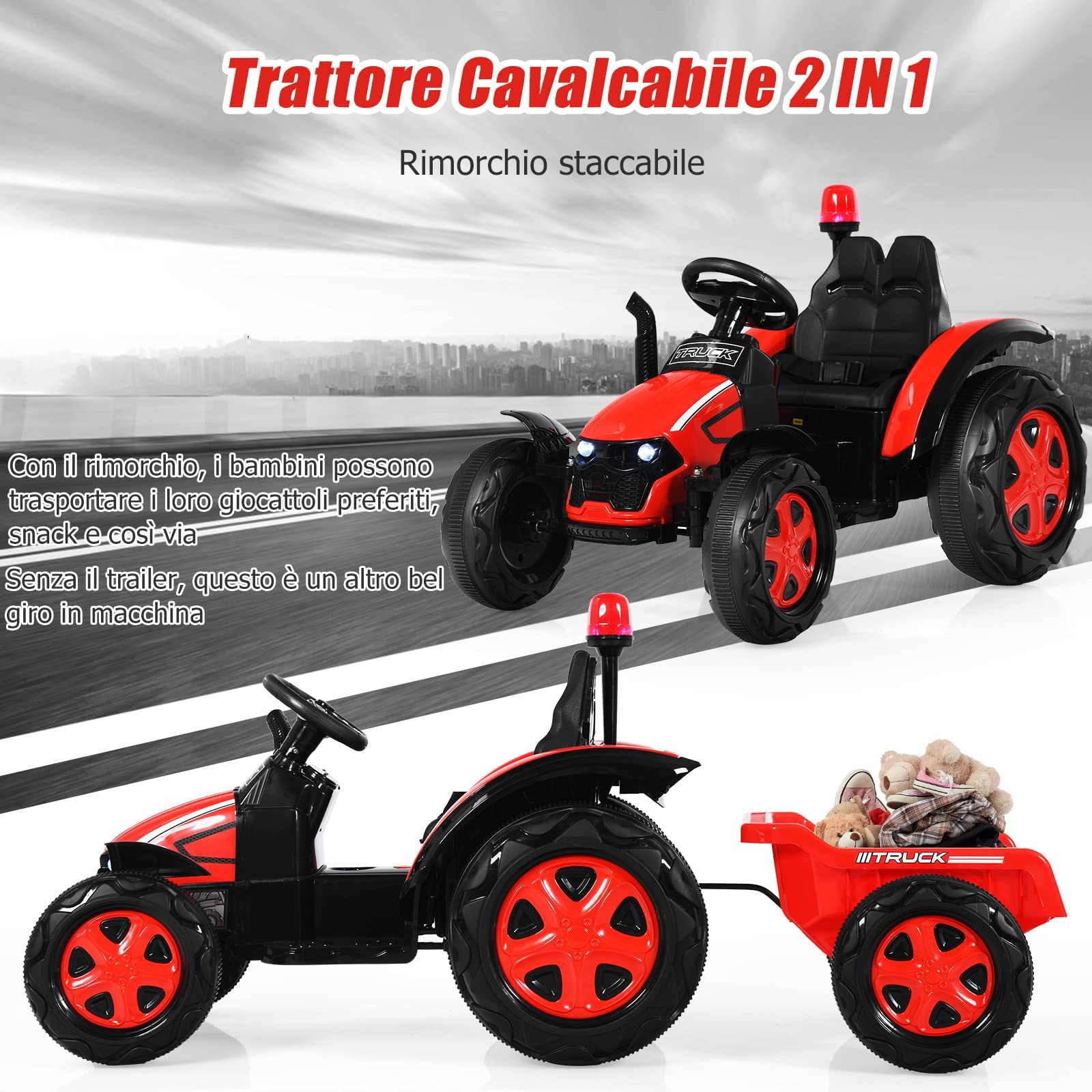 GYMAX Trattore per Bambini 3-8 Anni, Giocattolo cavalcabile Portata 30 kg, con 6 Ruote e Telecomando, Trattore Elettrico con Cintura di Sicurezza, 152x67x71 cm (Rosso)
