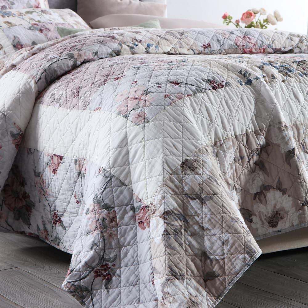 Cotton Bedspread Quilt Bedding Sets 3 Pieces Reversible Coverlet Sets Comforters Vintage Floral Patchwork White Bedspread, Queen Size - Image 7