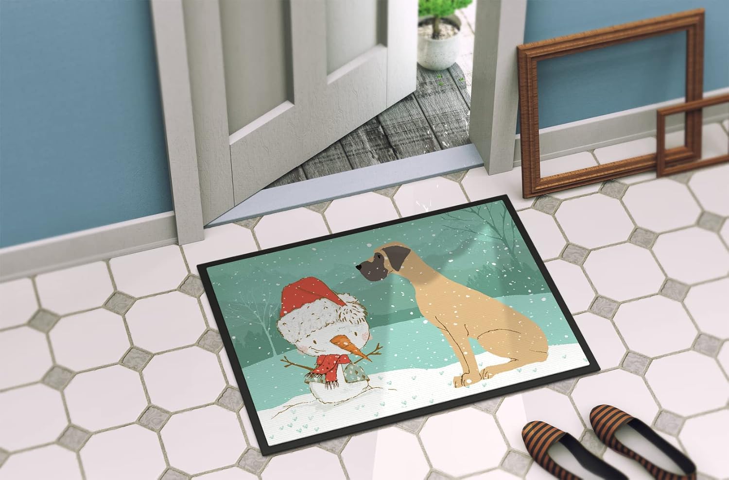 Caroline's Treasures CK2040JMAT Fawn Natural Great Dane Snowman Christmas Doormat 24x36 Front Door Mat Indoor Outdoor Rugs for Entryway, Non Slip Washable Low Pile, 24H X 36W