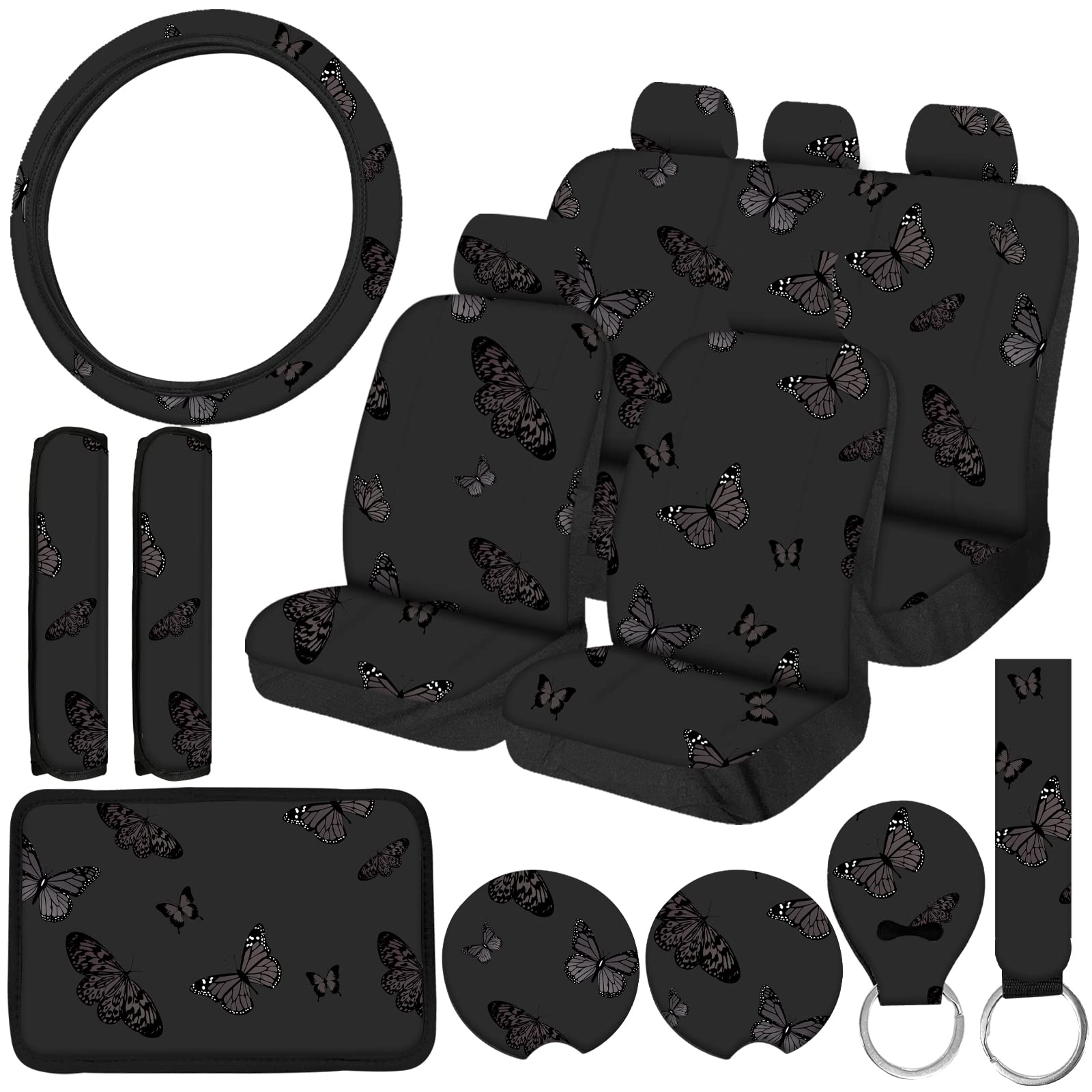 JINGSEN15 Pieces Butterfly Car Steering Wheel Cover Center Console Armrest Pad Headrest Seat Belt Cover Handbrake Cover Keychain Coaster Full Set Car SUV(Black Butterfly)