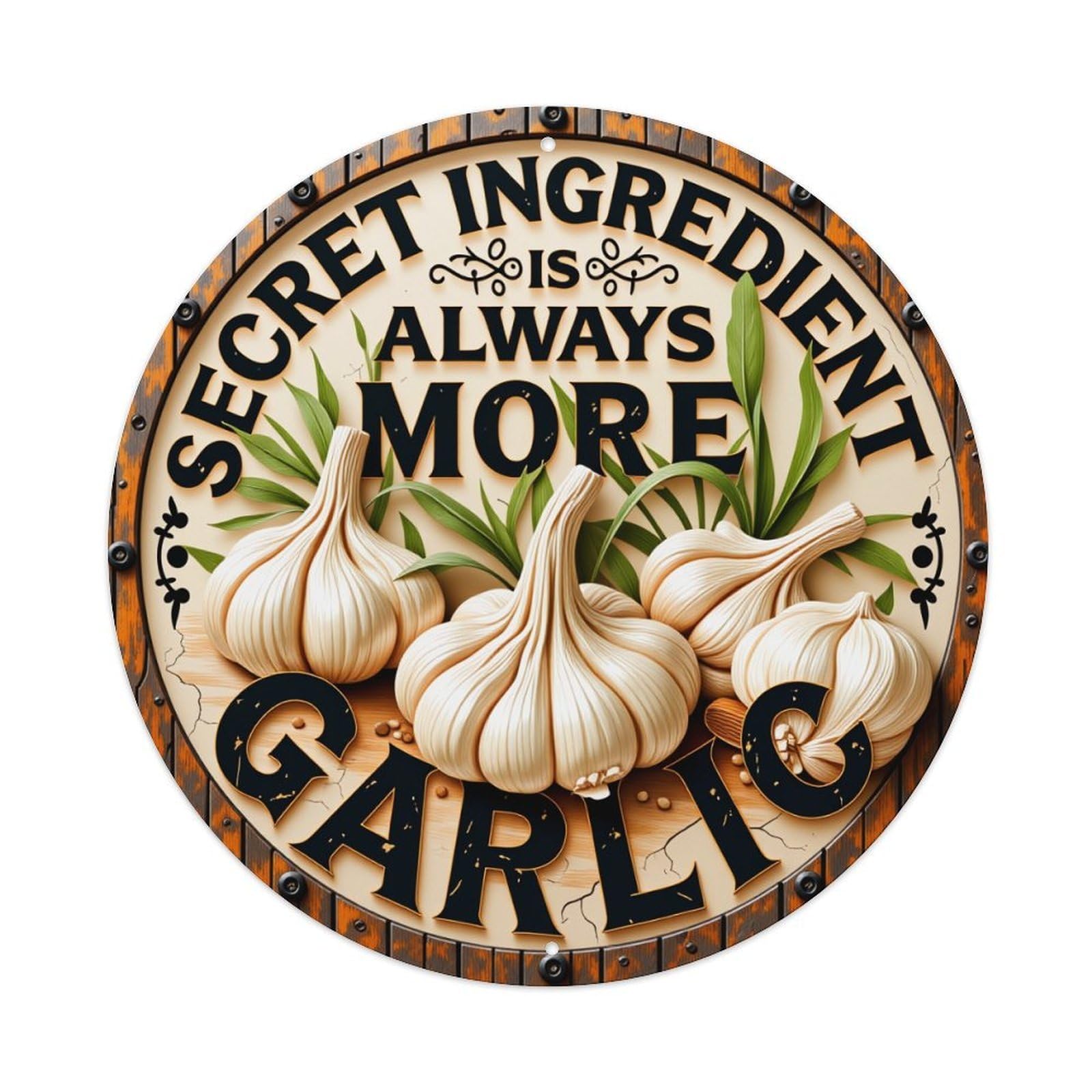 Garlic Garlic Garlic Garlic Garlic Round Tin Sign Vintage Metal Poster, Home Bar Garage Man Cave Cafe Indoor & Outdoor Wall Decoration 8x8Inches