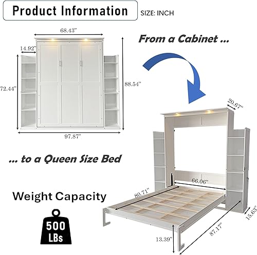 Miniatura 2 de DNYN Cama Murphy de tamaño Queen con estante de almacenamiento y diseño de marco de cama plegable y de pared, para espacios pequeños, dormitorio,
