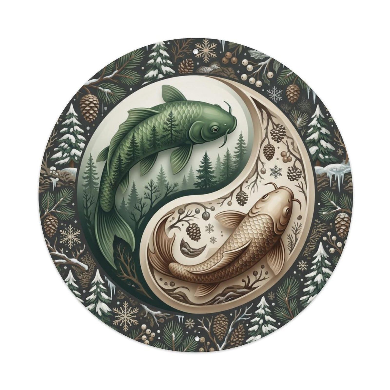 Tai Chi Koi Fish Pine Green Tree Winter Metal Tin Sign