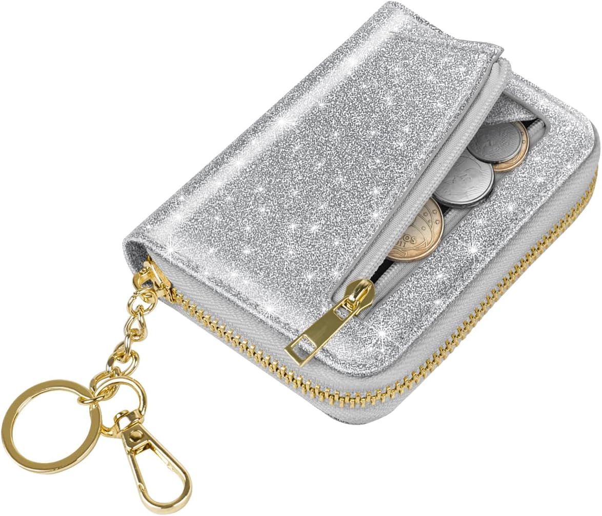14 Credit Card Slots RFID Card Holder Wallet Glitter Leather Small Cute Card Organizer Case with Coin Pocket & Keychain, Glitter Blue Green