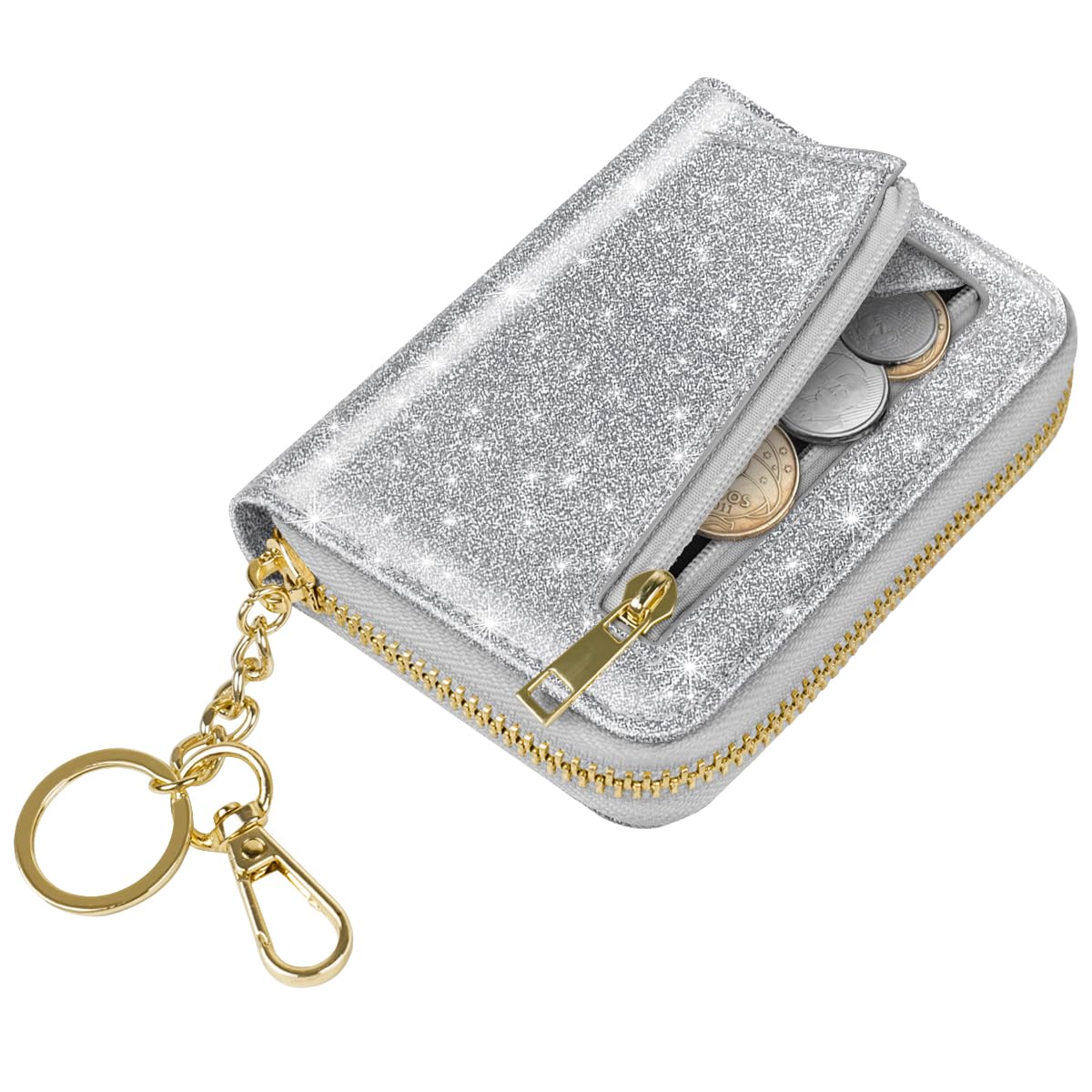 Simikol14 Credit Card Slots RFID Card Holder Wallet Glitter Leather Small Cute Card Organizer Case with Coin Pocket & Keychain, Silver