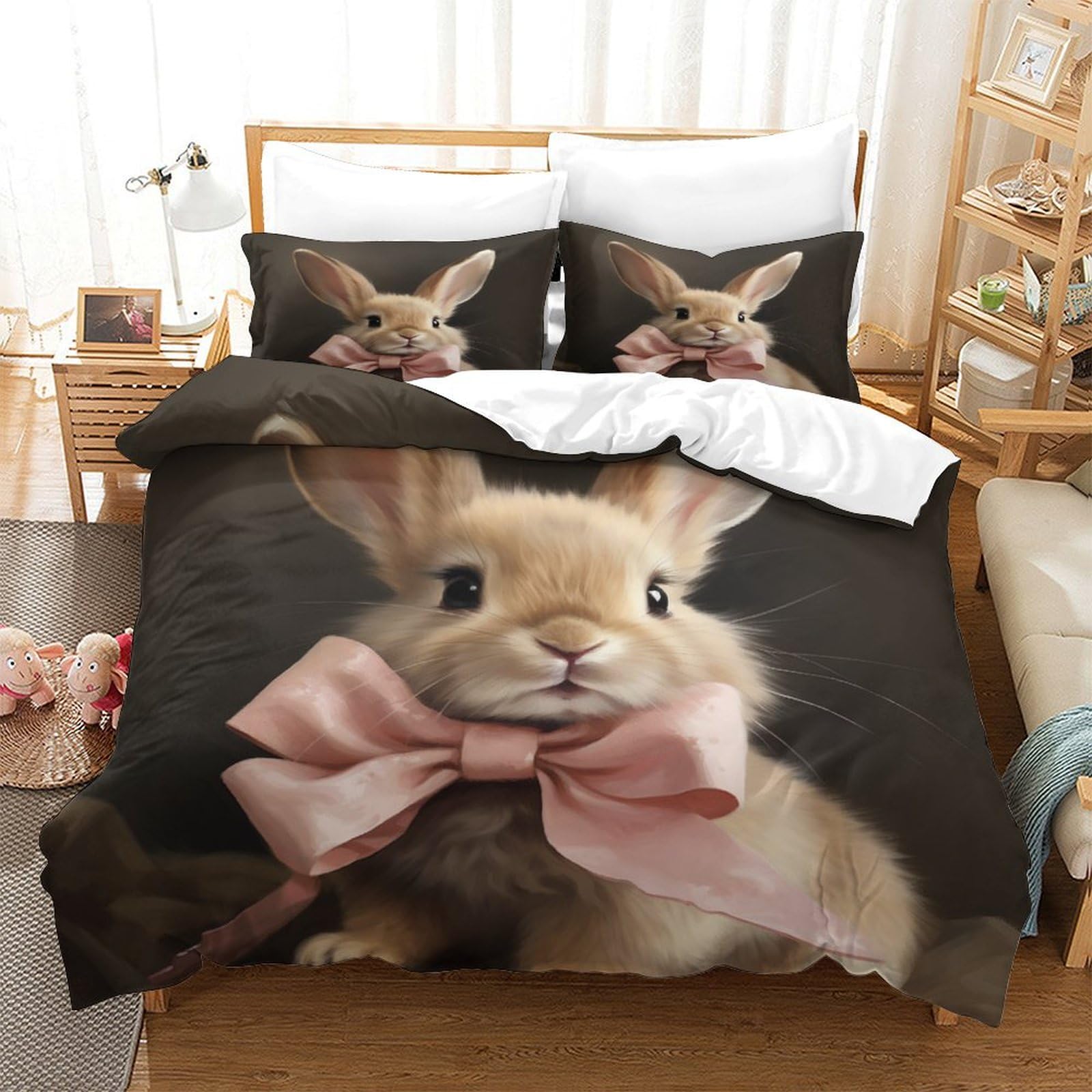 P1S9U7W5Y Adorable Bunny 3D Printed 3 Piece Duvet Cover Set Microfiber Bedroom Decor Rabbit Bedding Set for Adults Teens Soft All Season King（220x240cm）