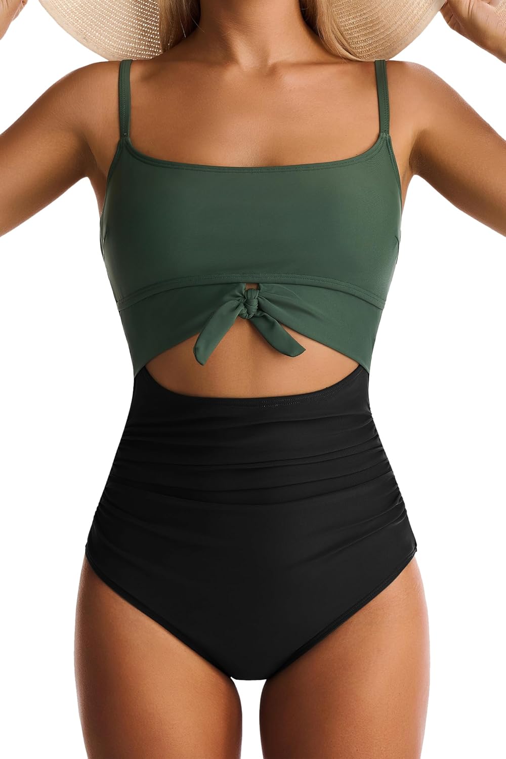 Womens One Piece Swimsuit Tummy Control Bathing Suit Cutout Slimming Swim Suit Front Tie Knot Swimwear