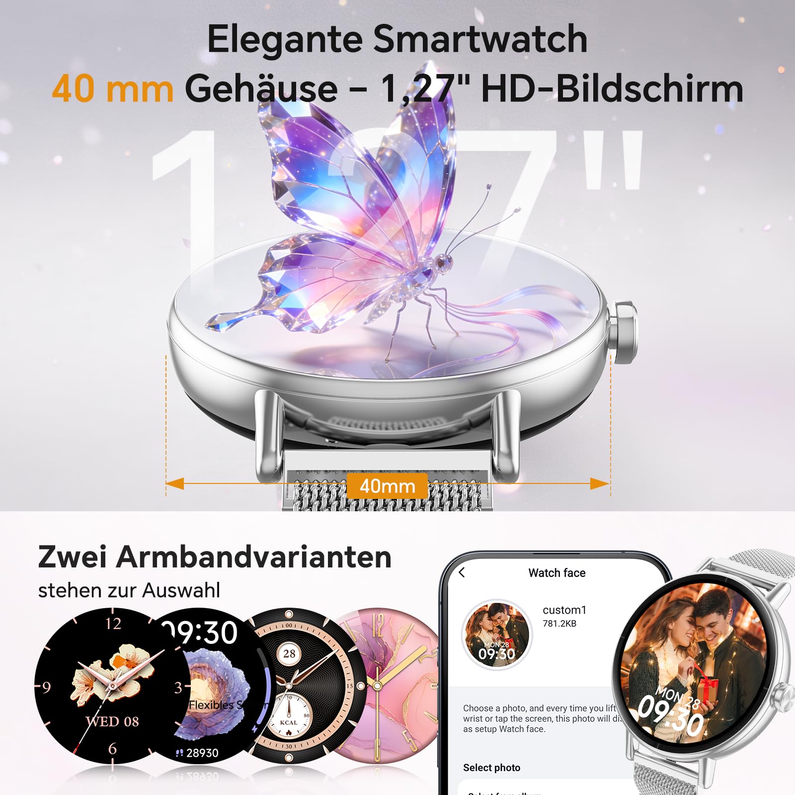 Smartwatch Damen Rund Metallarmband 1.27" Smart Watch mit Telefonfunktion Fitnessuhr SpO2 Herzfrequenz Stress Kalorien Schlaf Schrittzähler 100+ Sportmodi IP68 Wasserdicht für iOS Android