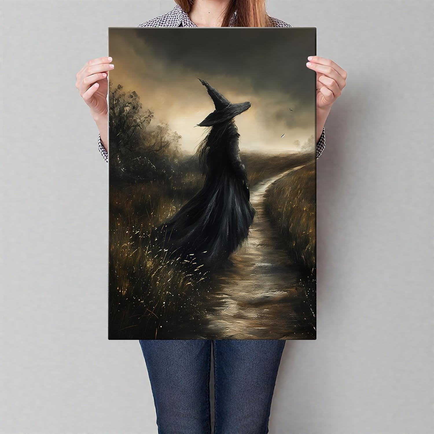 Framed Vintage Halloween Witch Wall Art,Halloween 3D Texture Witche Pictures Fall Decor for Living Room,Secretly Silent Witchy Aesthetic Art Prints for Bedroom Kids Room Gothic Decor 12x16
